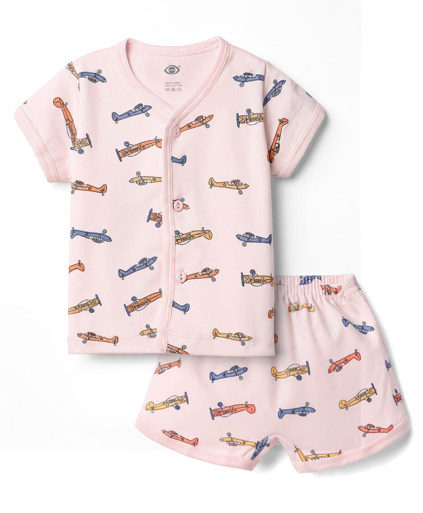 Zero Sinker Knit Half Sleeves Co-Ords T-Shirt & Shorts Night Suit with Aircraft Print - Peach-picture-28