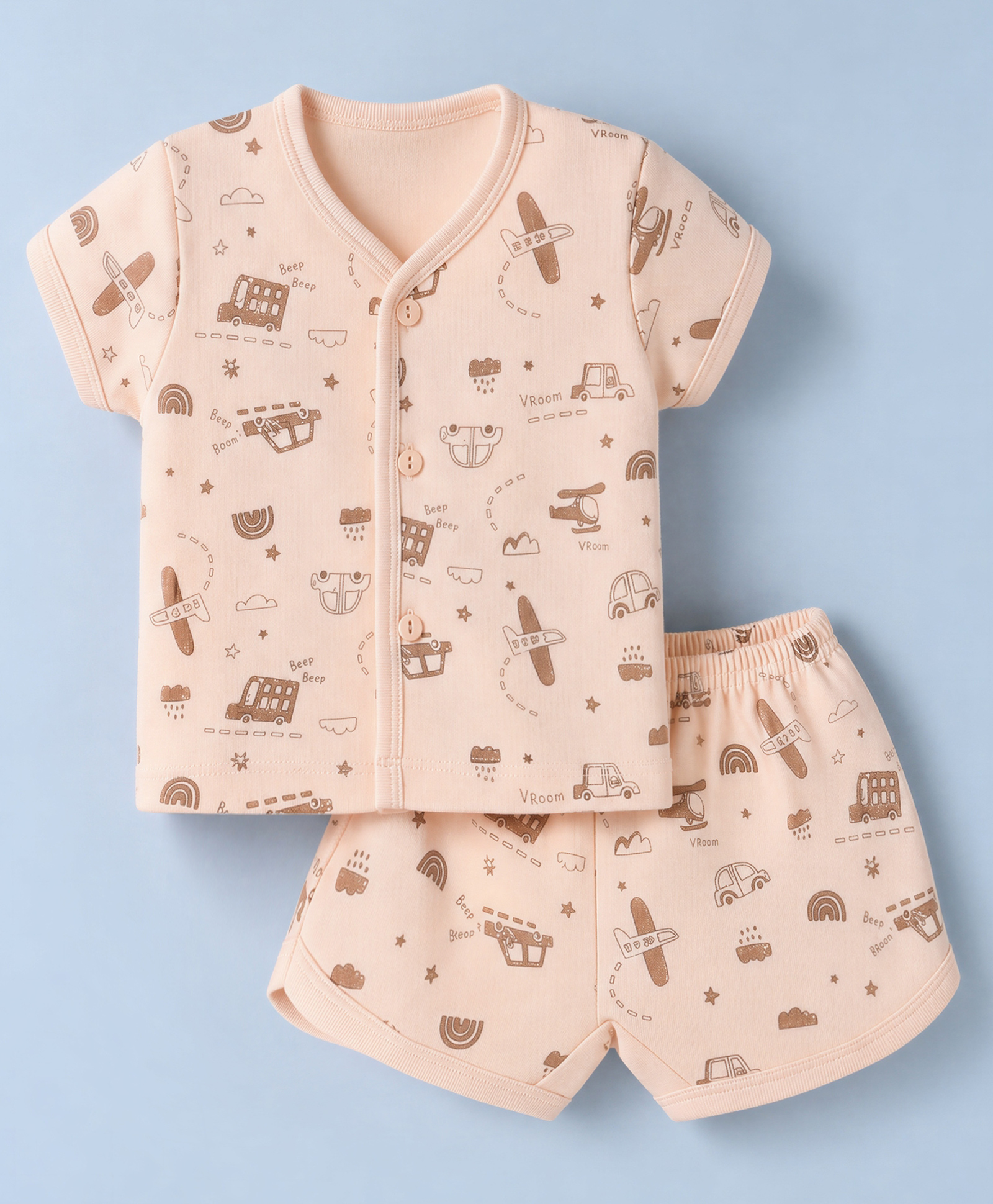 Zero Sinker Knit Half Sleeves T-Shirt & Shorts Co-ords Night Suit With Vehicle Print - Peach-picture-11