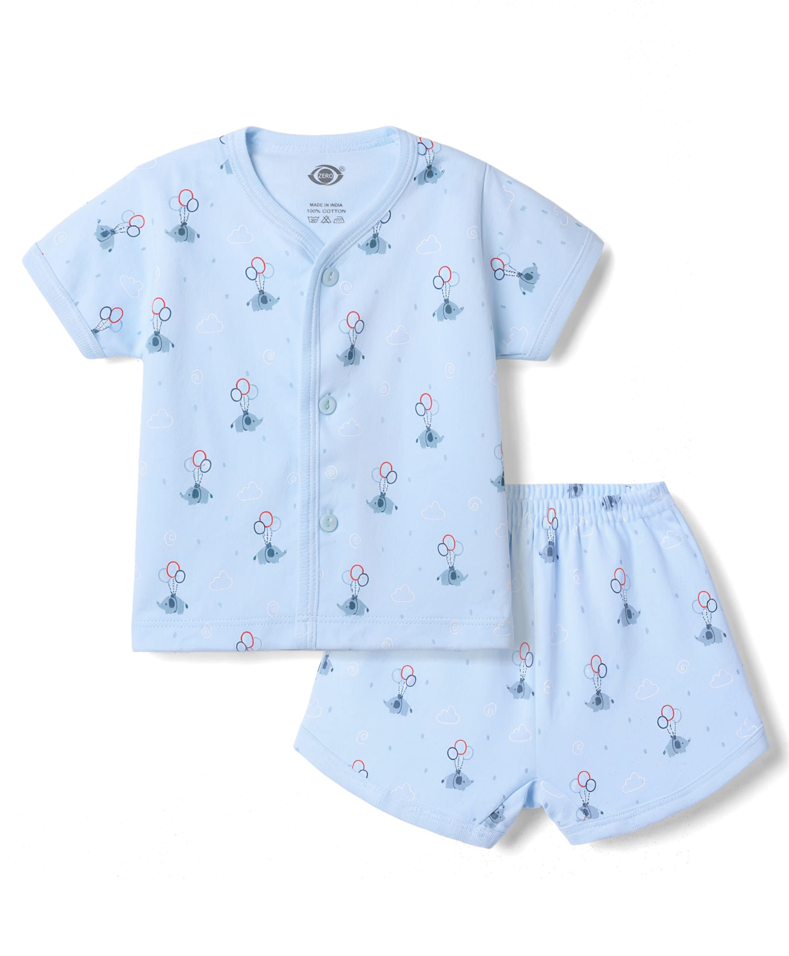 Zero Sinker Knit Half Sleeves Co-Ords T-Shirt & Shorts Night Suit with Elephant Print - Sky Blue-picture-34