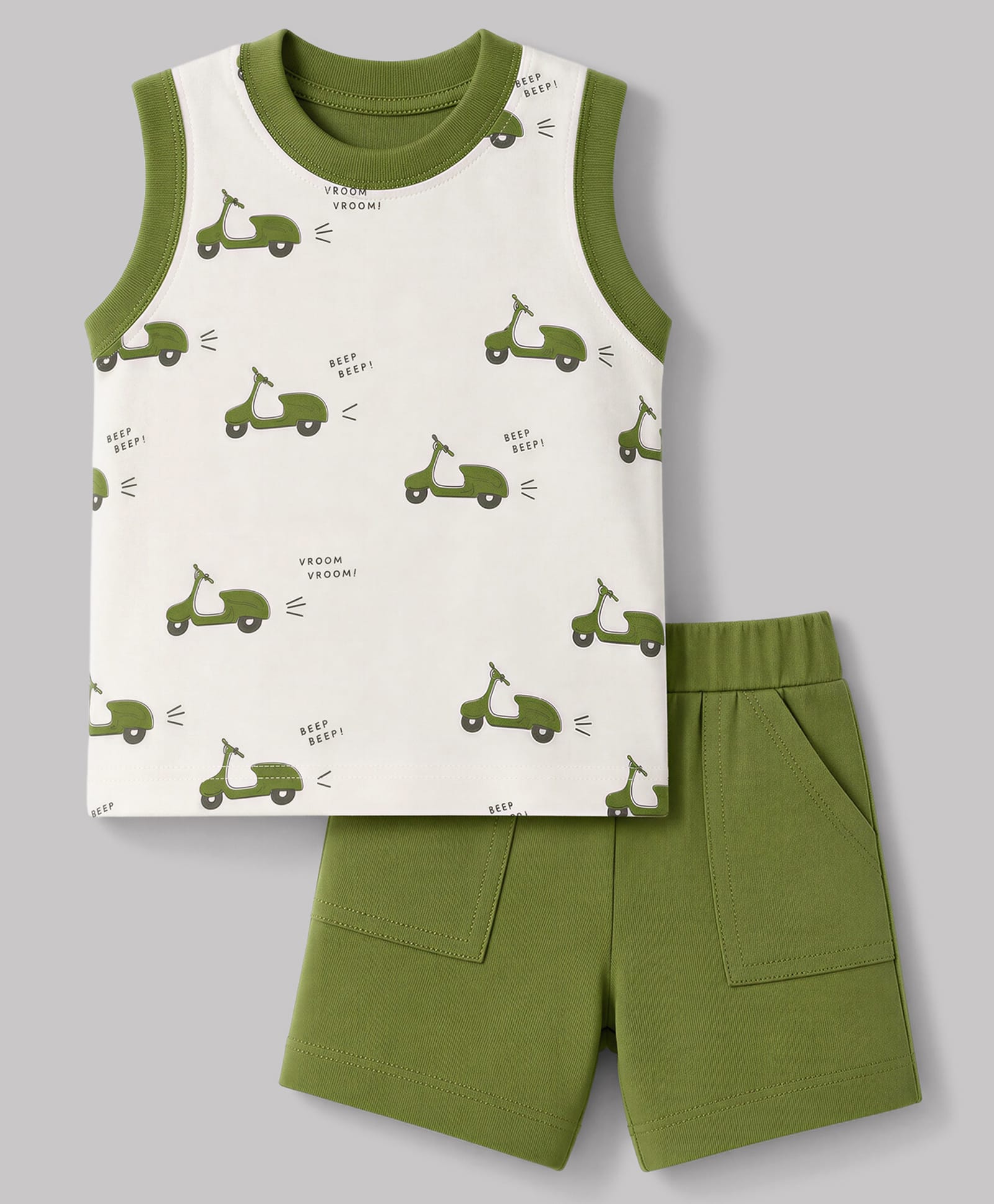 Zero Sinker Knit Sleeveless T-Shirt & Shorts Set with Vroom Vroom Scooter Print - Cream & Green-picture-37