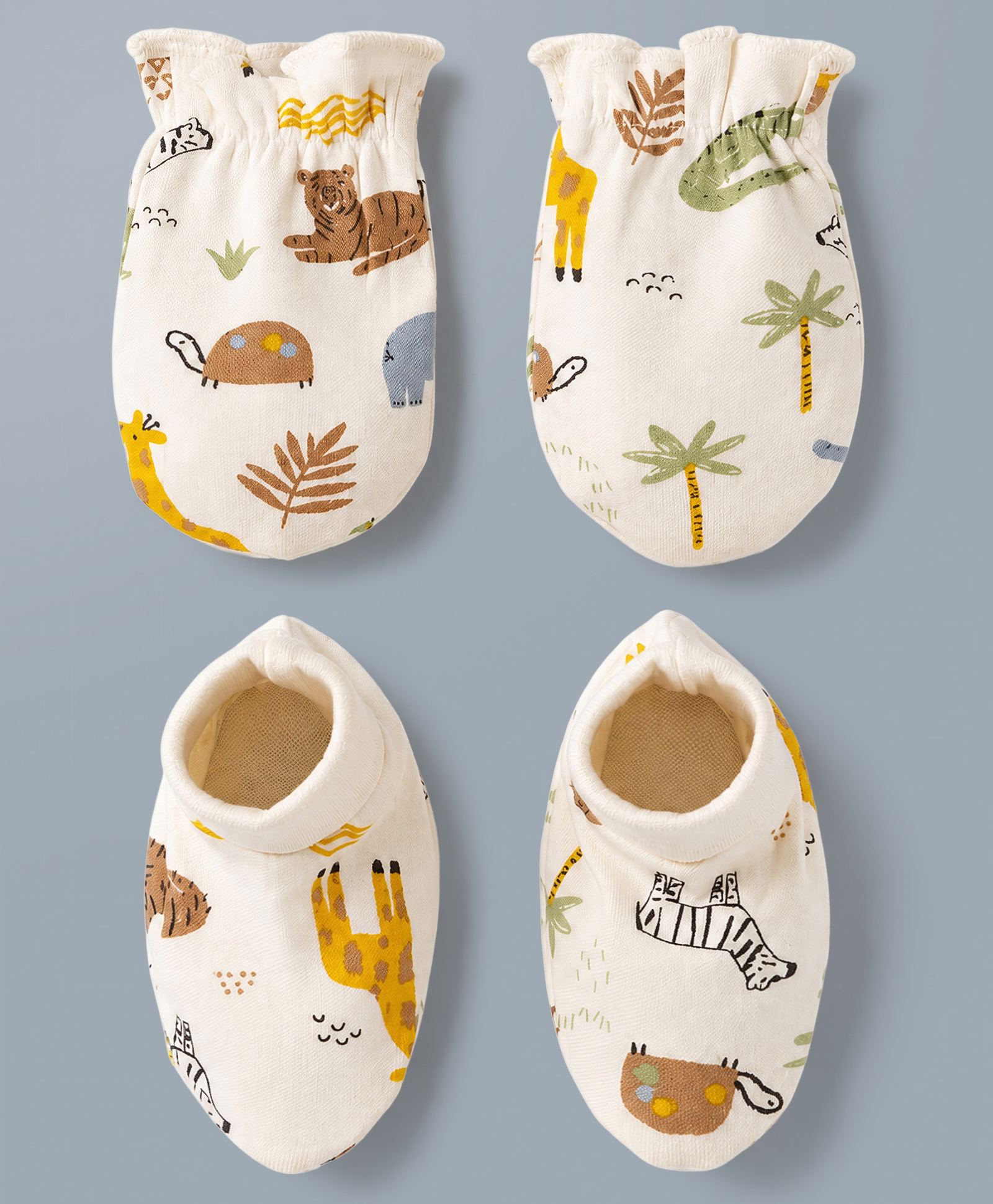 Babyhug 100% Cotton Iterlock Knit Mittens & Booties with Jungle Theme - Cream-picture-17