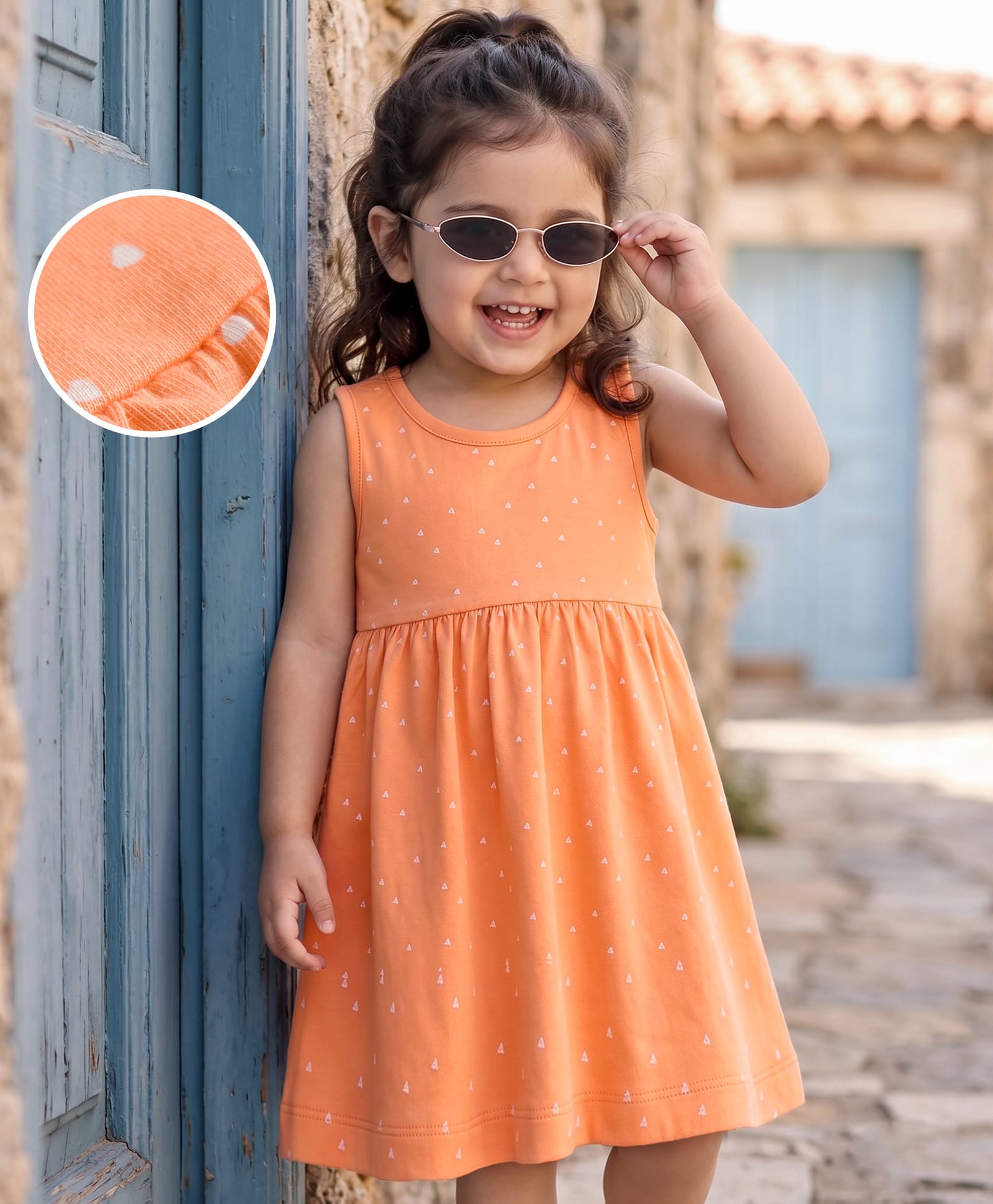 Babyhug Cotton Knit Sleeveless Printed Frock - Orange-image-48