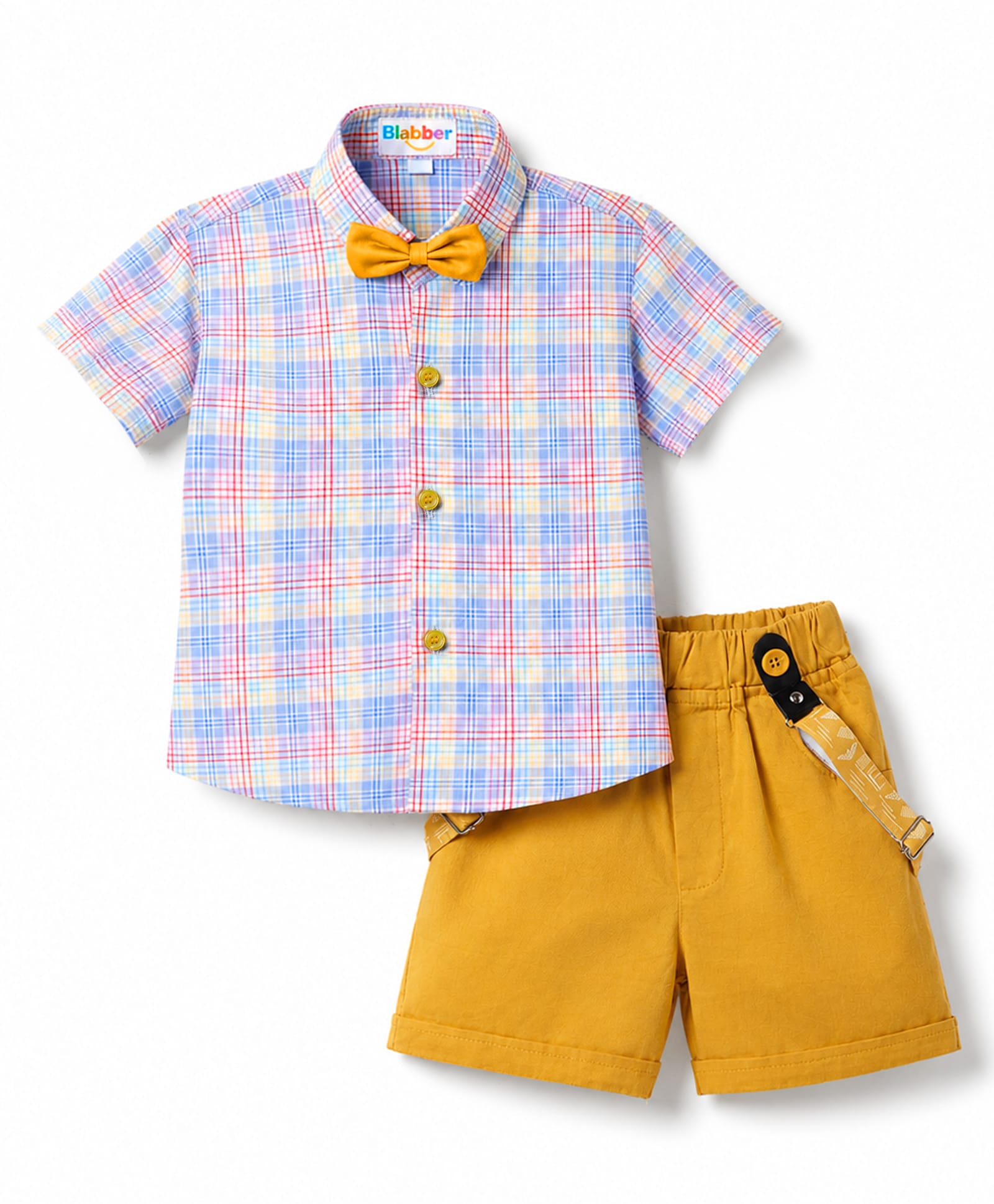 Blabber Half Sleeves Checked Shirt & Shorts Set With Bow & Suspender - Sky Blue-image-29