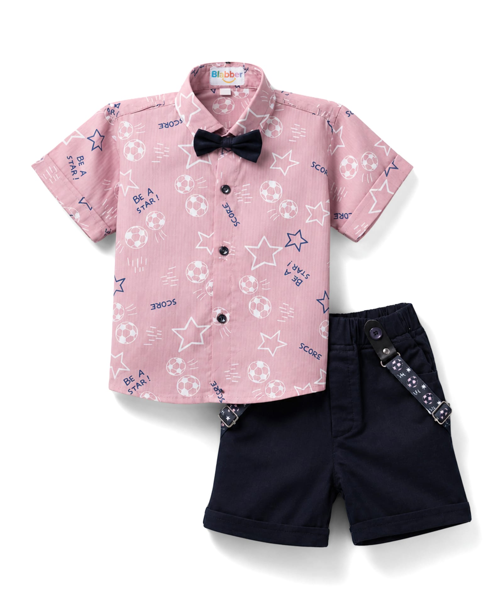 Blabber Half Sleeves Football Theme Printed Shirt & Shorts Set With Bow & Suspender - Blush Pink-image-10