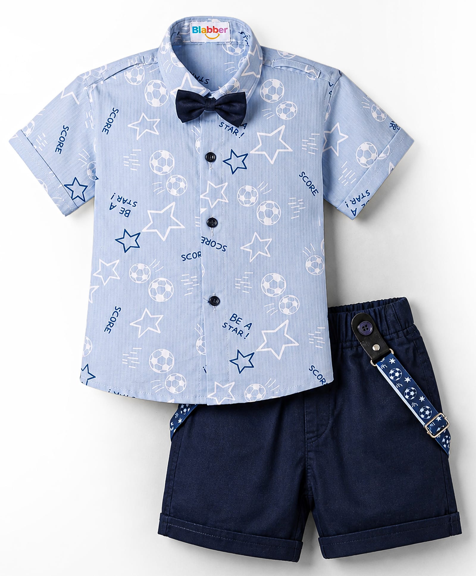 Blabber Half Sleeves Football Theme Printed Shirt & Shorts Set With Bow & Suspender - Sky Blue-image-29