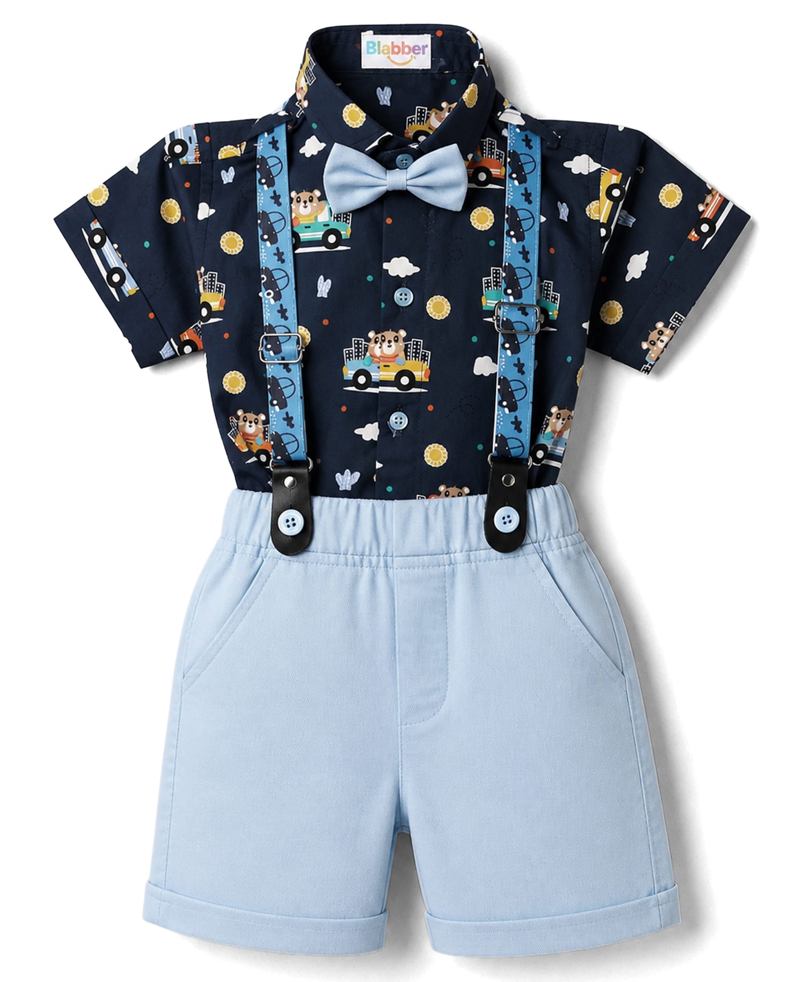 Blabber Half Sleeves Driving Bear Printed Shirt & Shorts Set With Bow & Suspender - Navy Blue-image-2