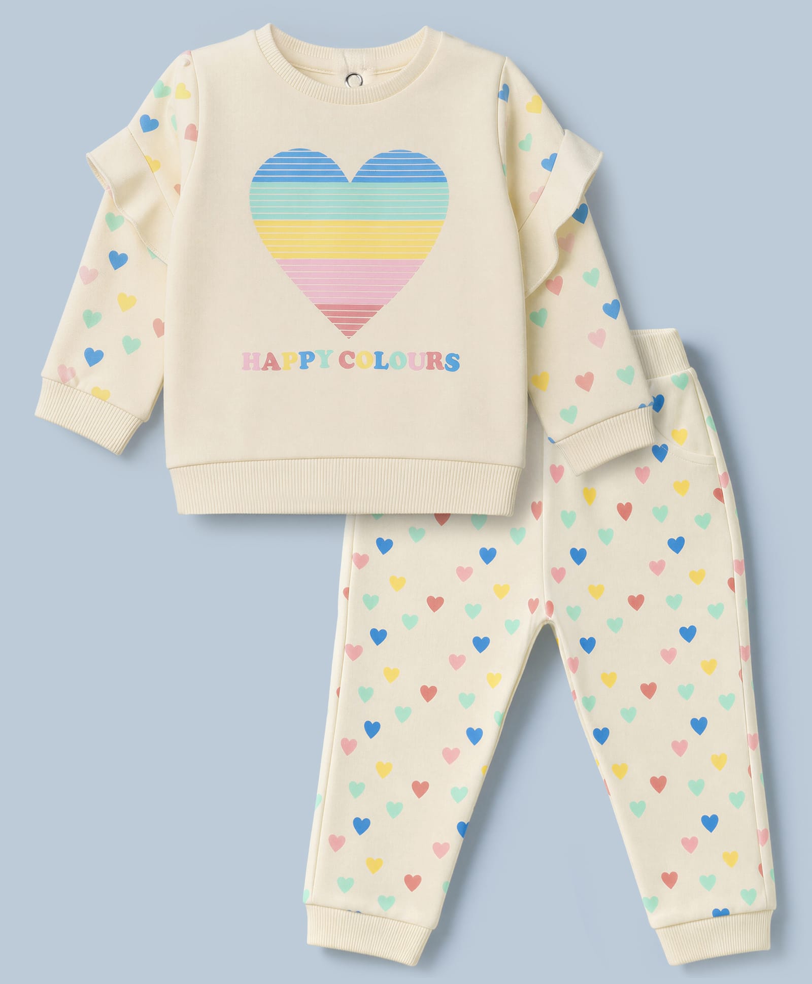 ToffyHouse Looper Knit Full Sleeves Top & Joggers Set With Heart & Text Print - Cream-image-12