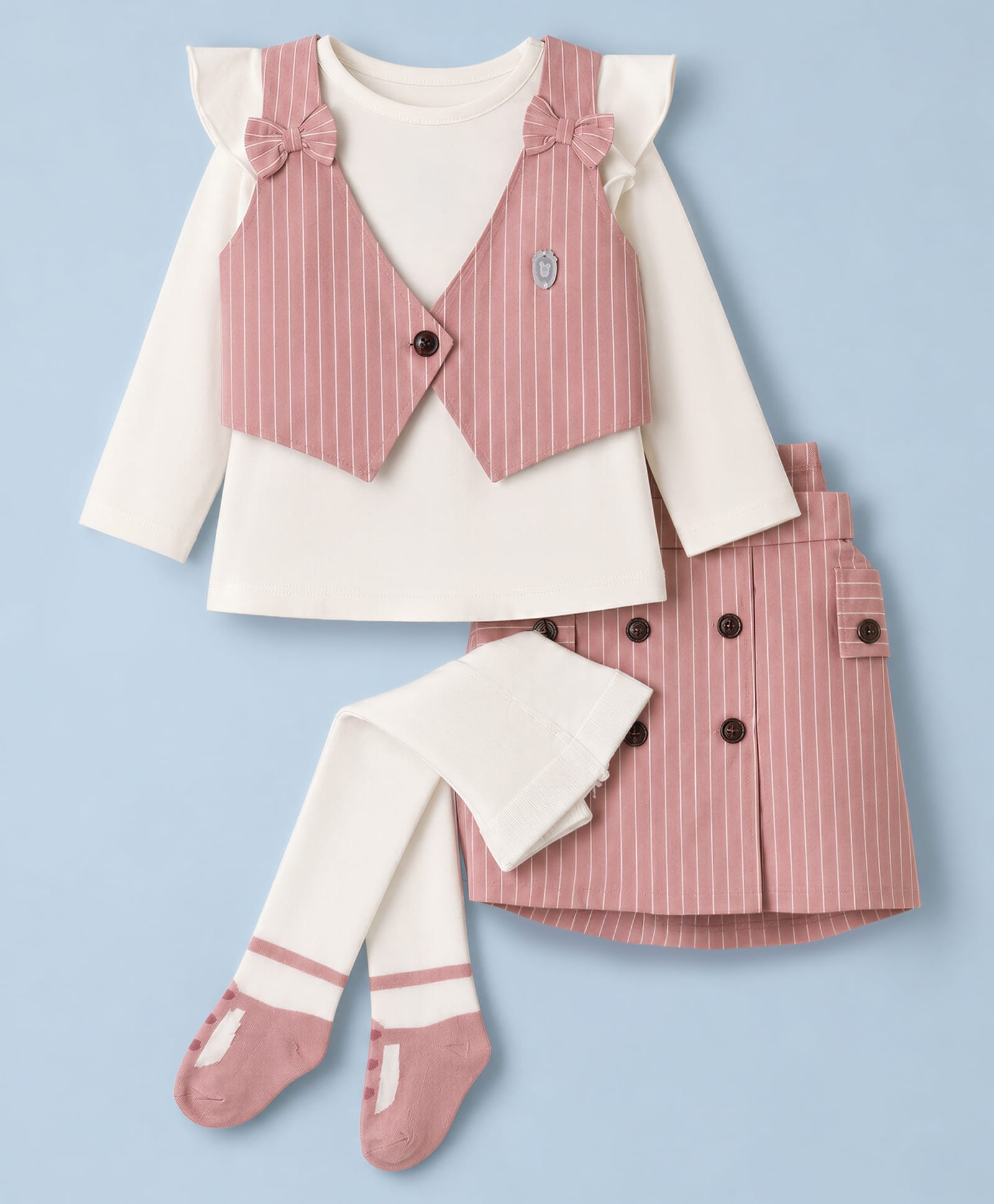 ToffyHouse Interlock Knit Full Sleeves Striped Top and Skirt with Jacket Stockings & Bow Applique - Dark Peach-picture-16
