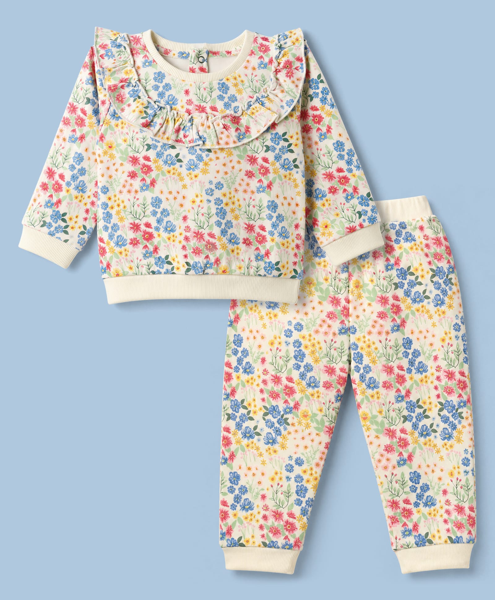 ToffyHouse Looper Knit Full Sleeves Co-Ords Top & Bottomwear Set with Floral Print & Frill Detailing - Cream-image-43