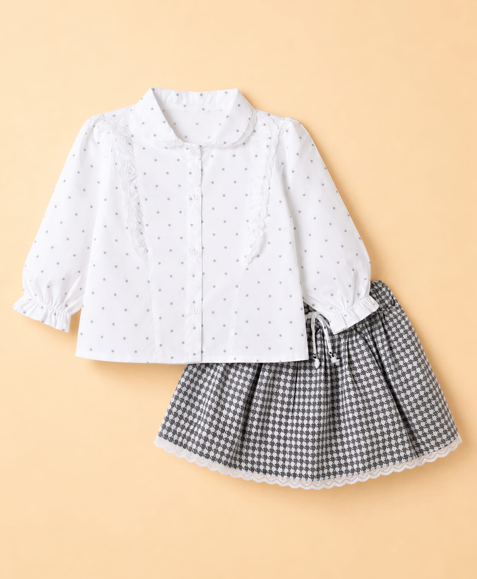 ToffyHouse Cotton Woven Full Sleeves Star Printed Top & Checked Skirt - White & Grey-picture-31