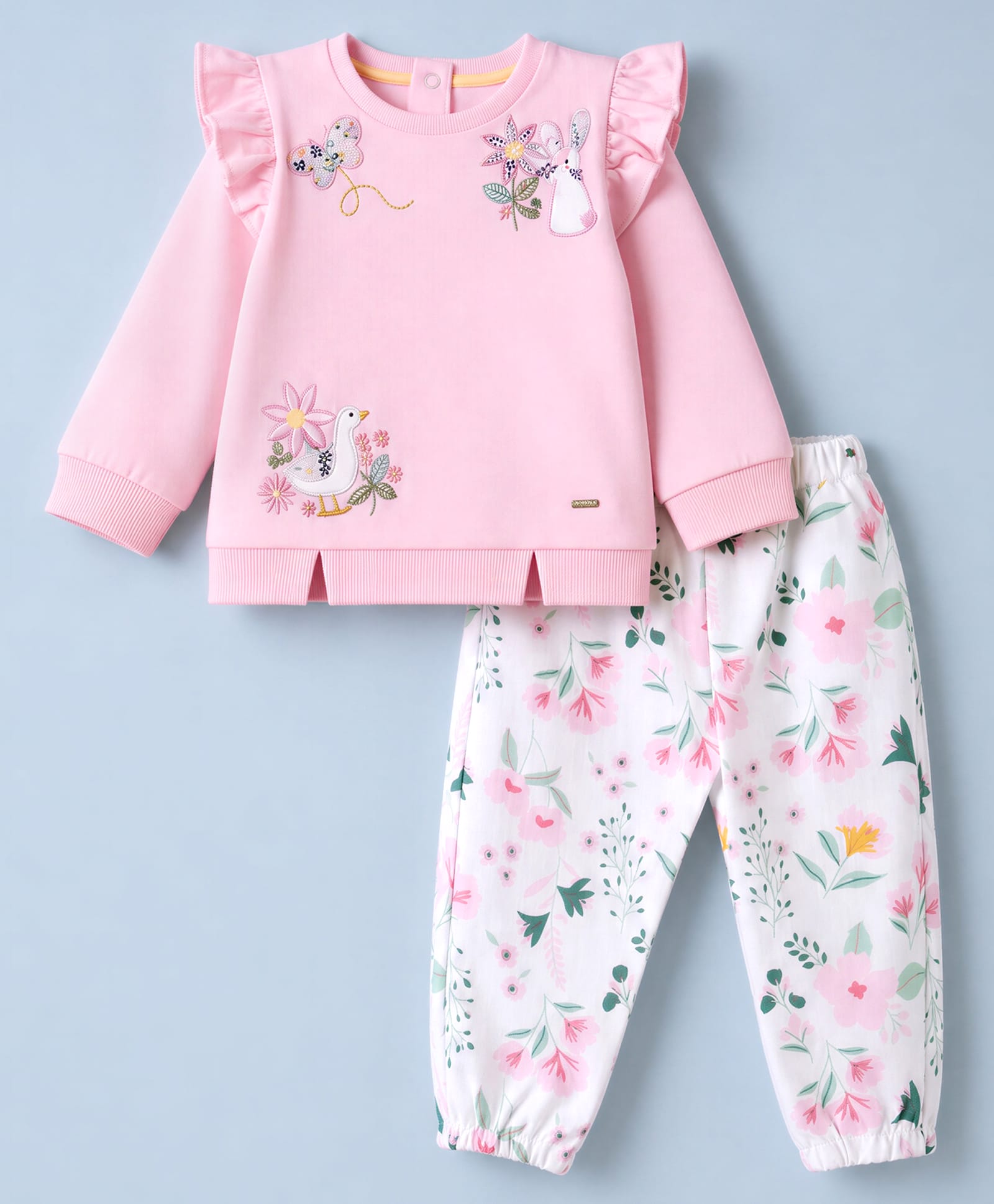 ToffyHouse Looper Knit Full Sleeves Top and Bottomwear Set with Butterfly Floral & Bunny Embroidery - Pink-image-27