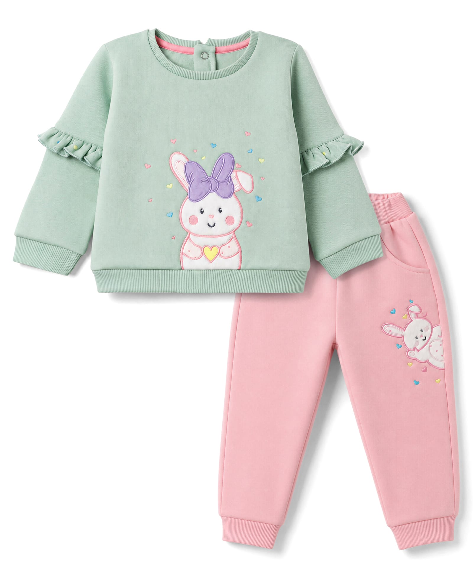 ToffyHouse Fleece Knit Full Sleeves Winter Wear Suits With Bunny Embroidery - Green-picture-21
