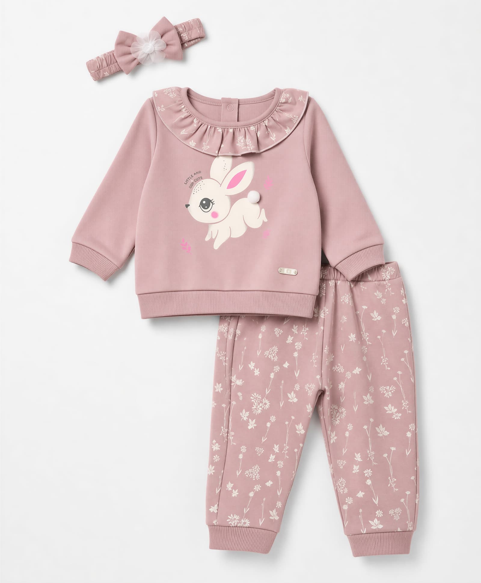 ToffyHouse Interlock Knit Full Sleeves T-shirt and Joggers Set With Floral & Rabbit Print & Headbands - Mauve-image-34