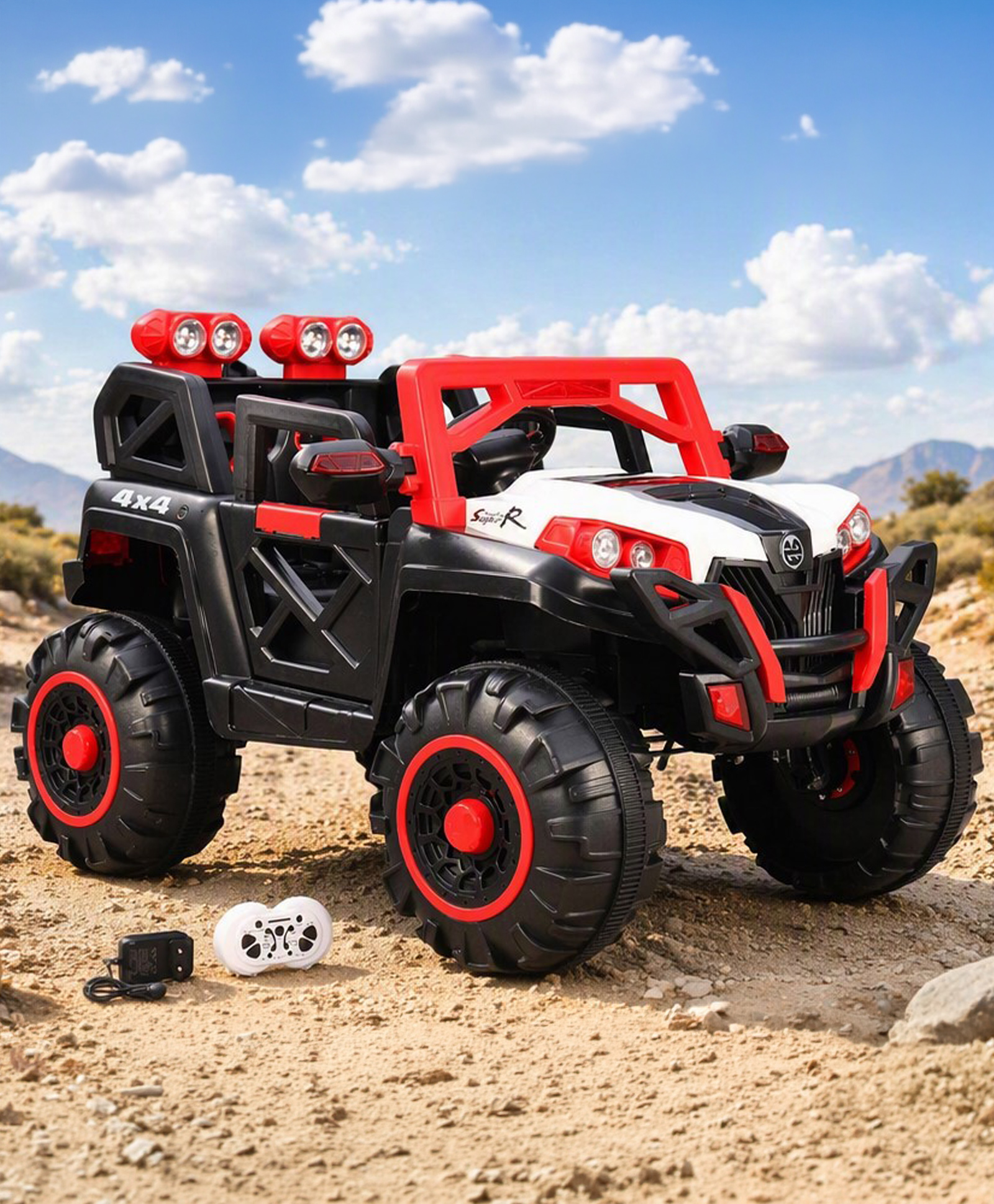 fab n funky Battery Operated Ride On Jeep With Music & Lights Rechargeable| Openable Doors| Built-in Music & AUX| Remote Control| Easy to Assemble| Forward & Reverse| Magic Swing Movement - White & Red-picture-16