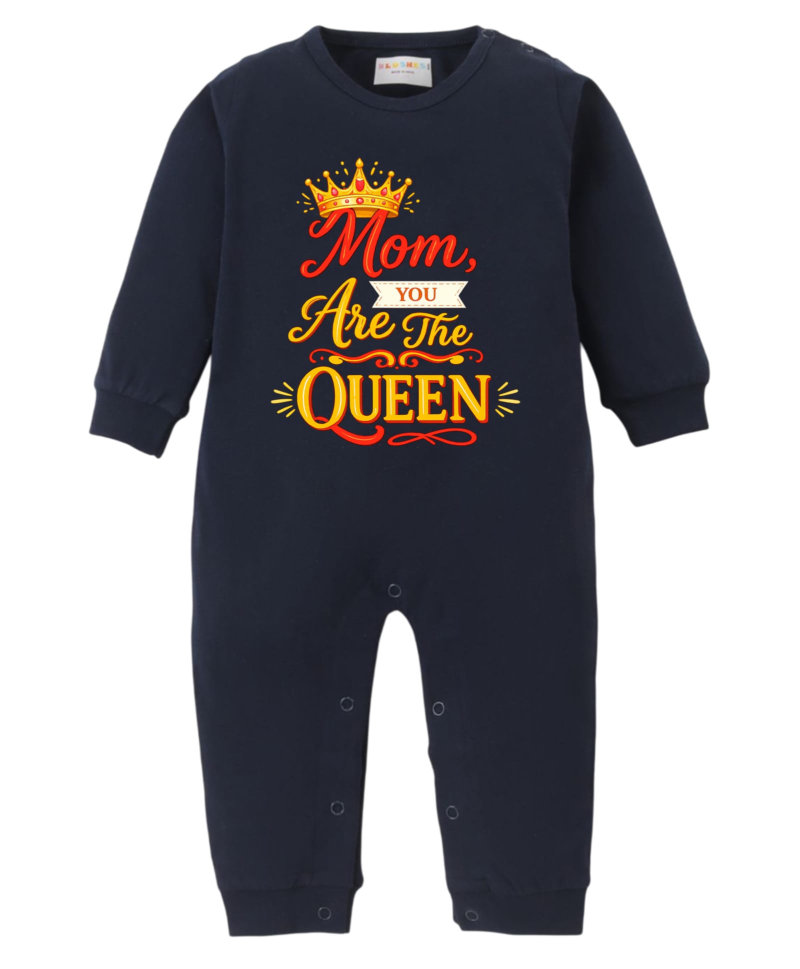 BLUSHES Cotton Knit Mothers Day Theme Full Sleeves Mom You Are The Queen Text Printed Romper - Navy Blue-image-8