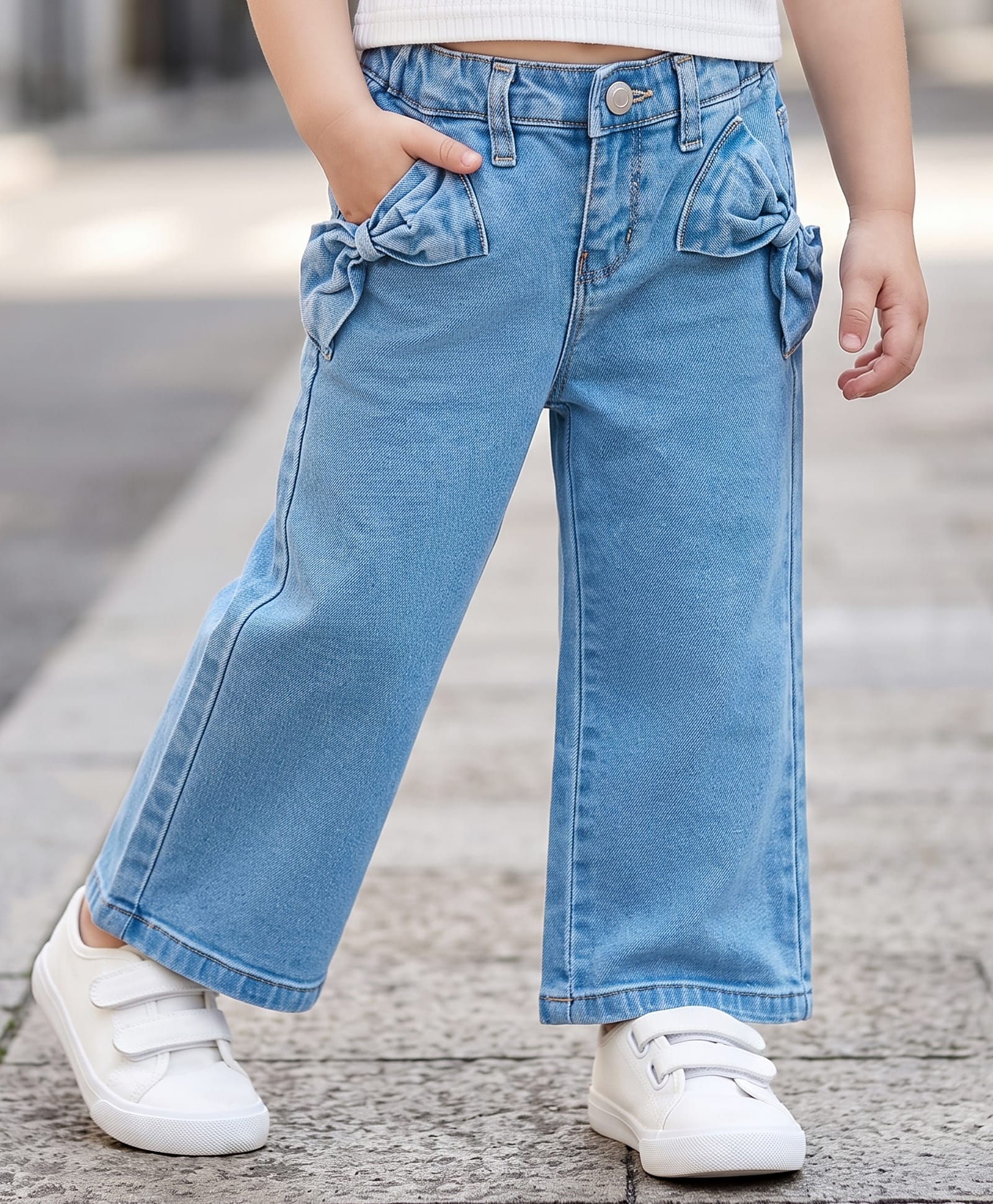Babyhug Cotton Lycra Full Length Washed Jeans With Bow Applique & Stretch - Blue-image-10