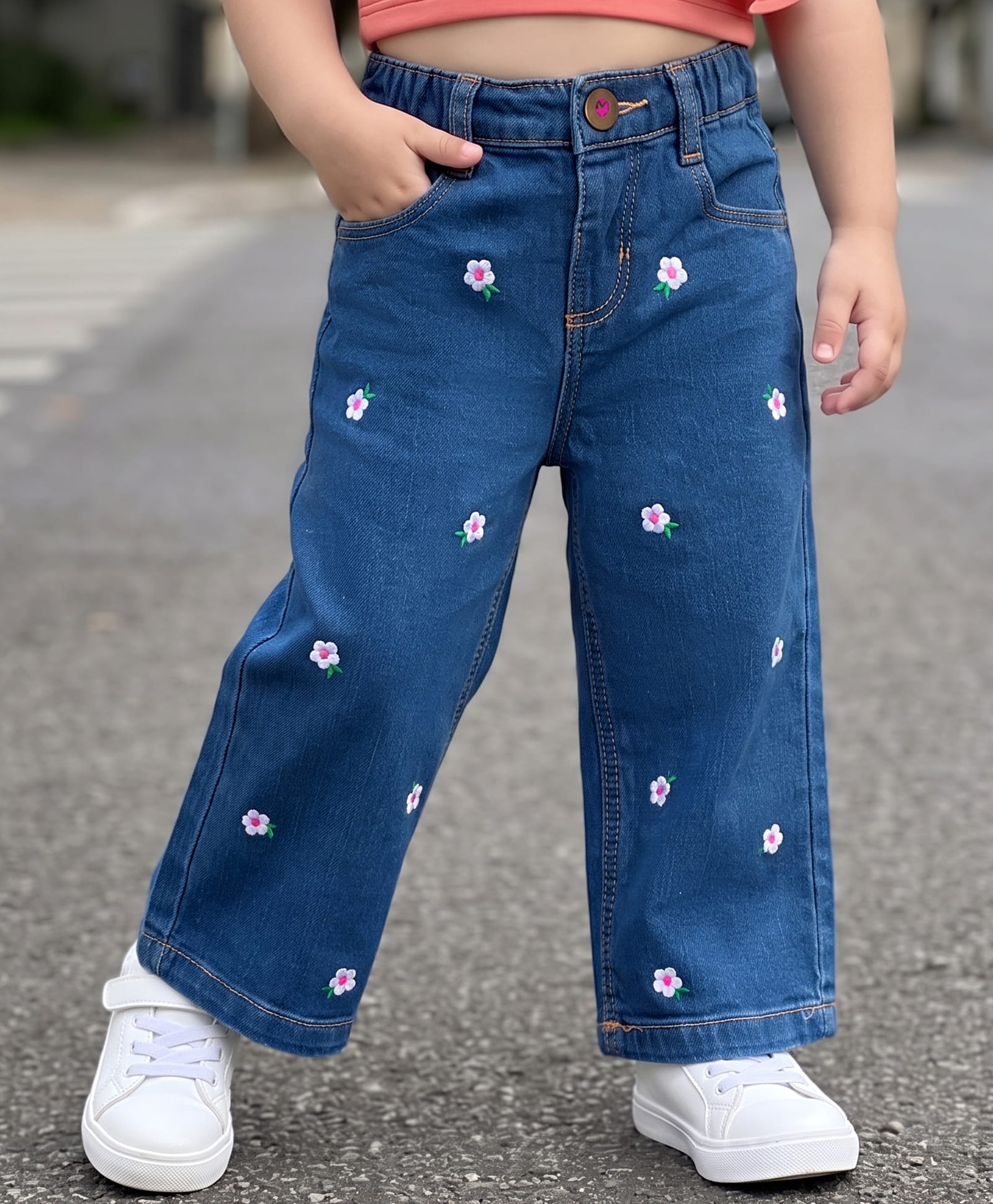 Babyhug Cotton Lycra Denim Floral Embroidered Washed Jeans With Stretch - Blue-picture-12