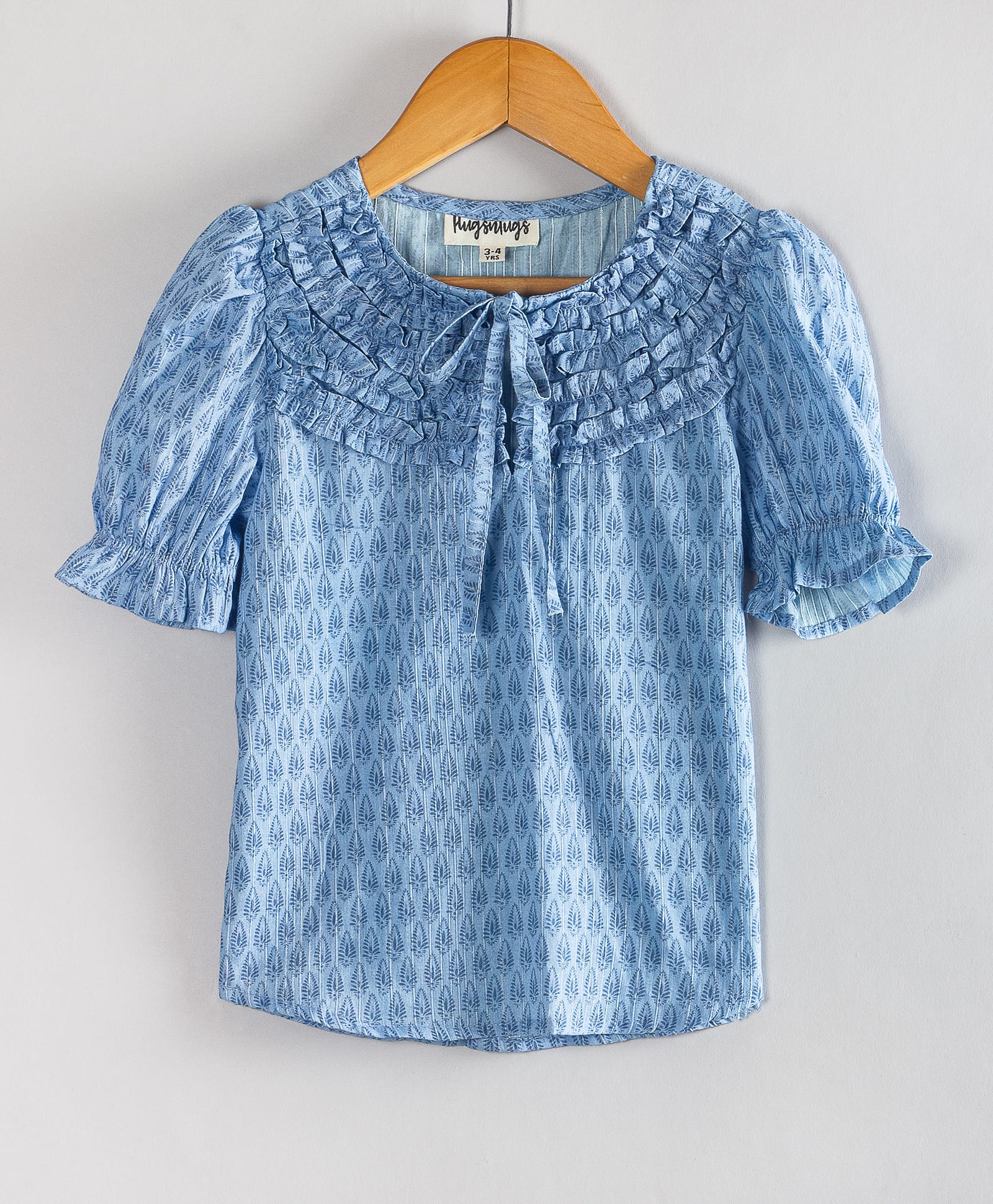 Hugsntugs Cotton Woven Half Peasant Sleeves Ruffle Detailed & Fern Motif Printed Top - Blue-image-29