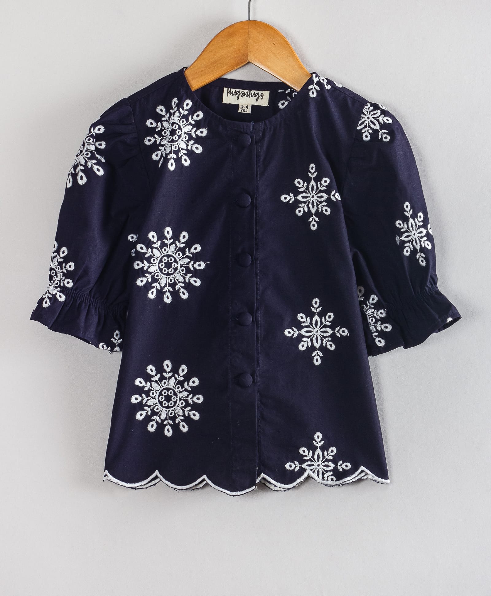 Hugsntugs Cotton Woven Half Puffed Sleeves Floral Embroidered Top - Navy Blue-image-5