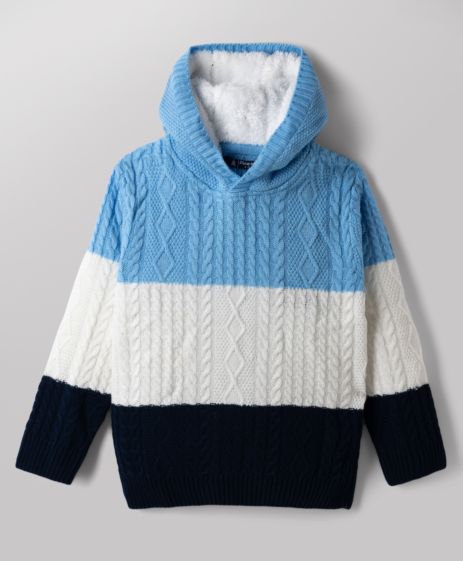 Pine Kids Knit Full Sleeves Striped Hooded Sweater With Cable Knit - Light Blue-picture-16