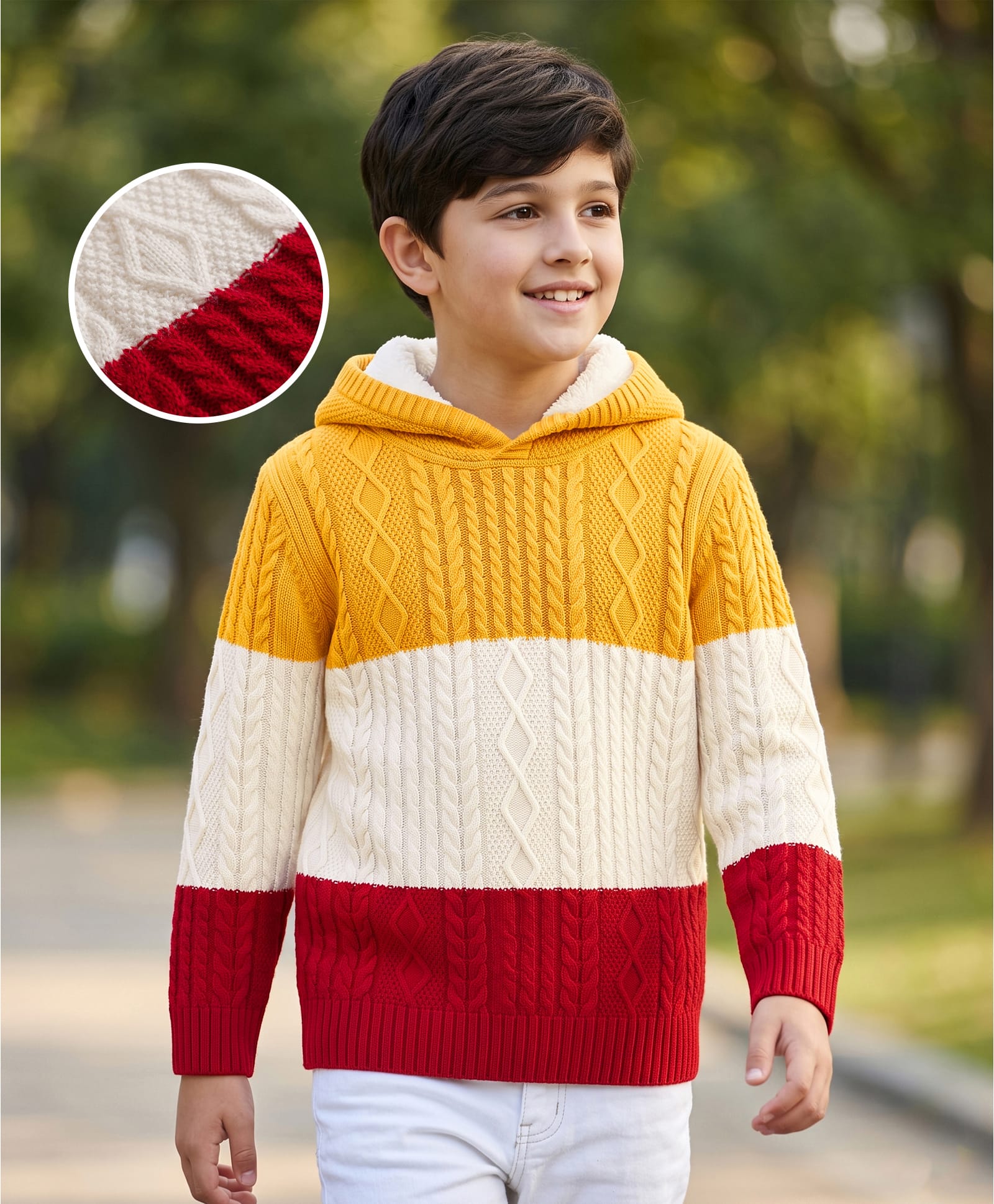 Pine Kids Knit Full Sleeves Colour Block Hooded Pullover with Cable Knit Design - Golden White & Maroon-image-30