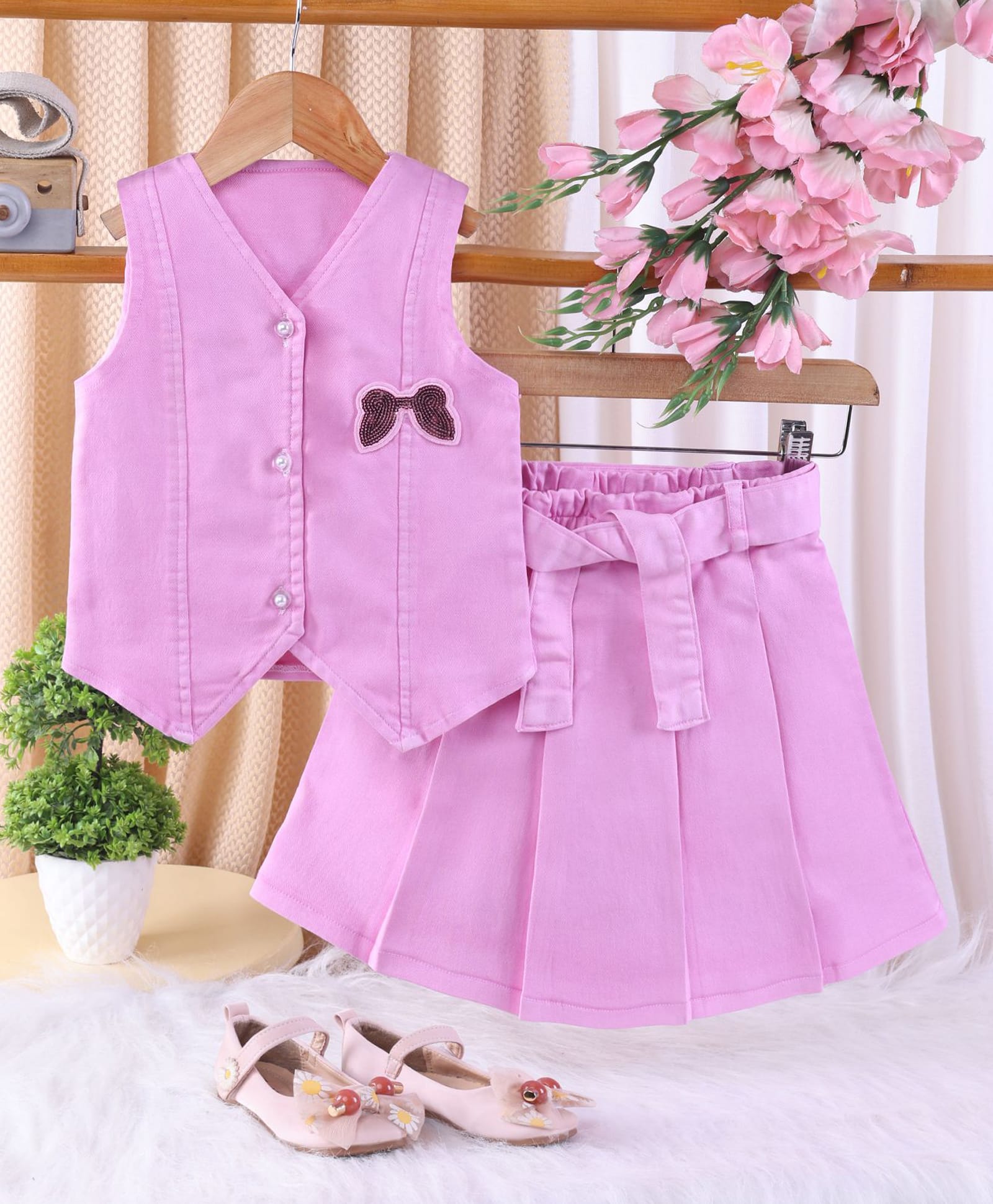 TOONYPORT Cotton Blend Knit Sleeveless Bow Applique Detailed Sequins Embellished Top & Skirt Set - Pink-image-19