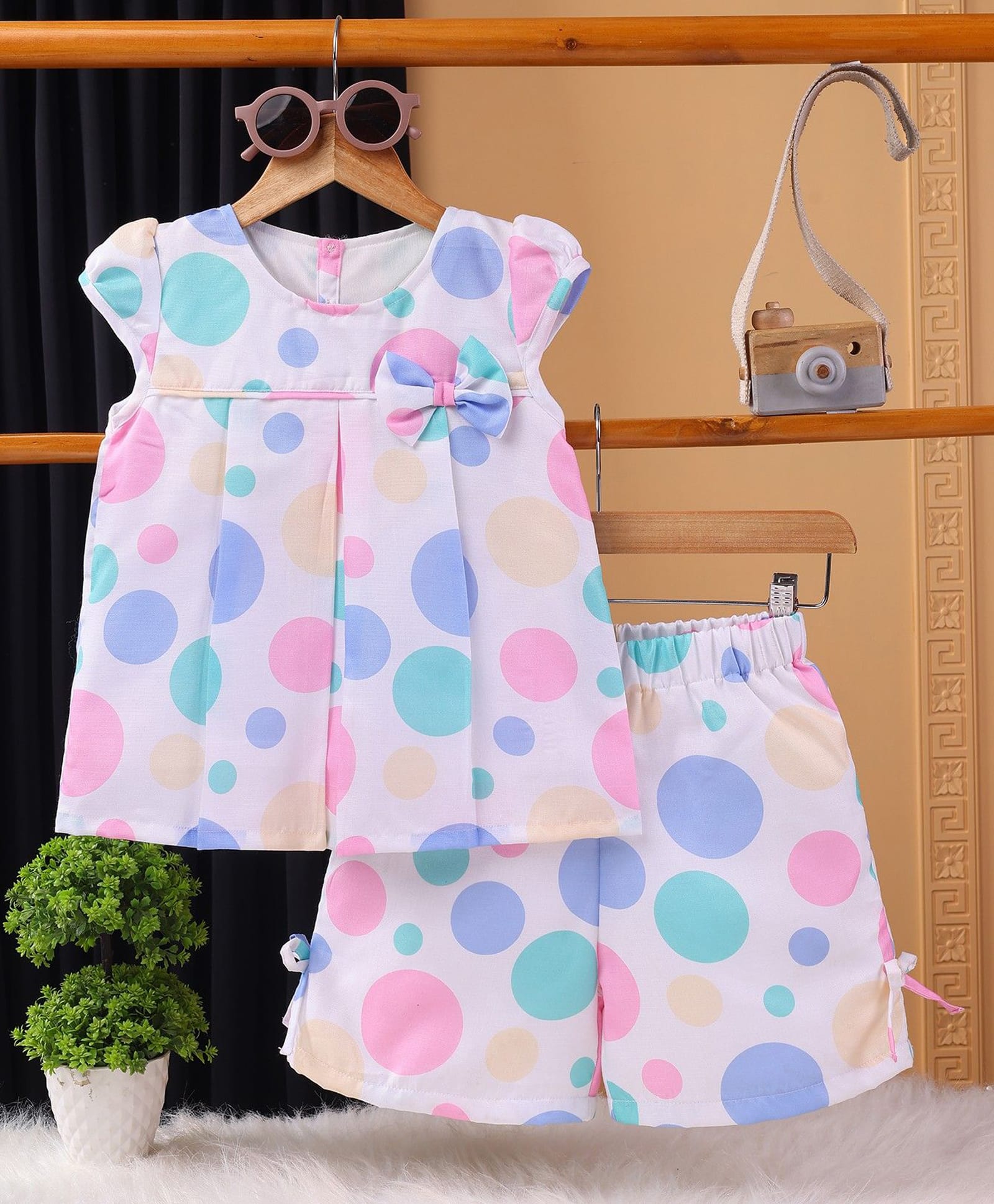 TOONYPORT Cotton Knit Cap Sleeve Polka Dot Printed Coordinating Top & Shorts Set - Multi Colours-image-11