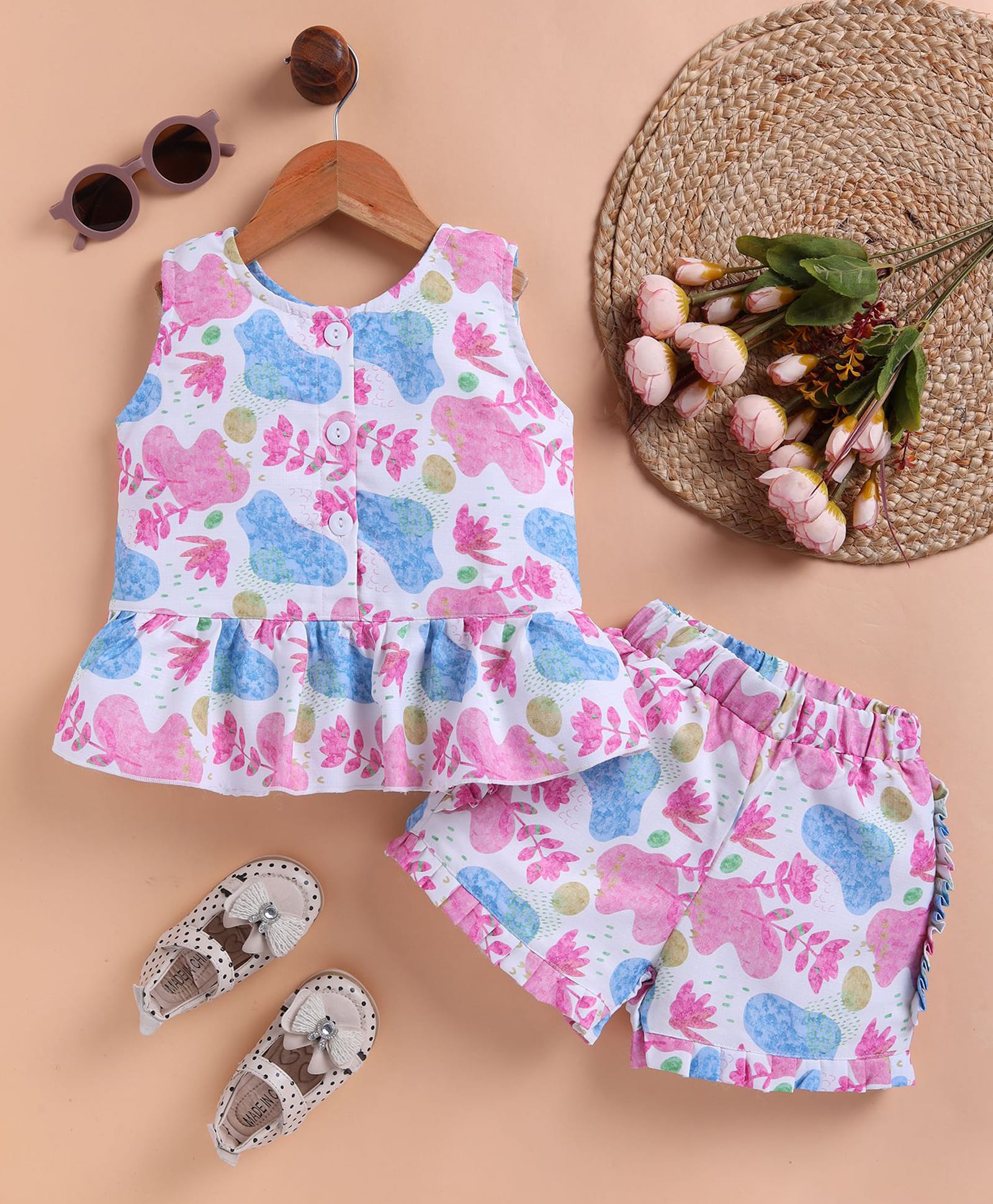 TOONYPORT Cotton Knit Sleeveless Leafs Printed Coordinating Top & Shorts Set - Multi Colour-image-8