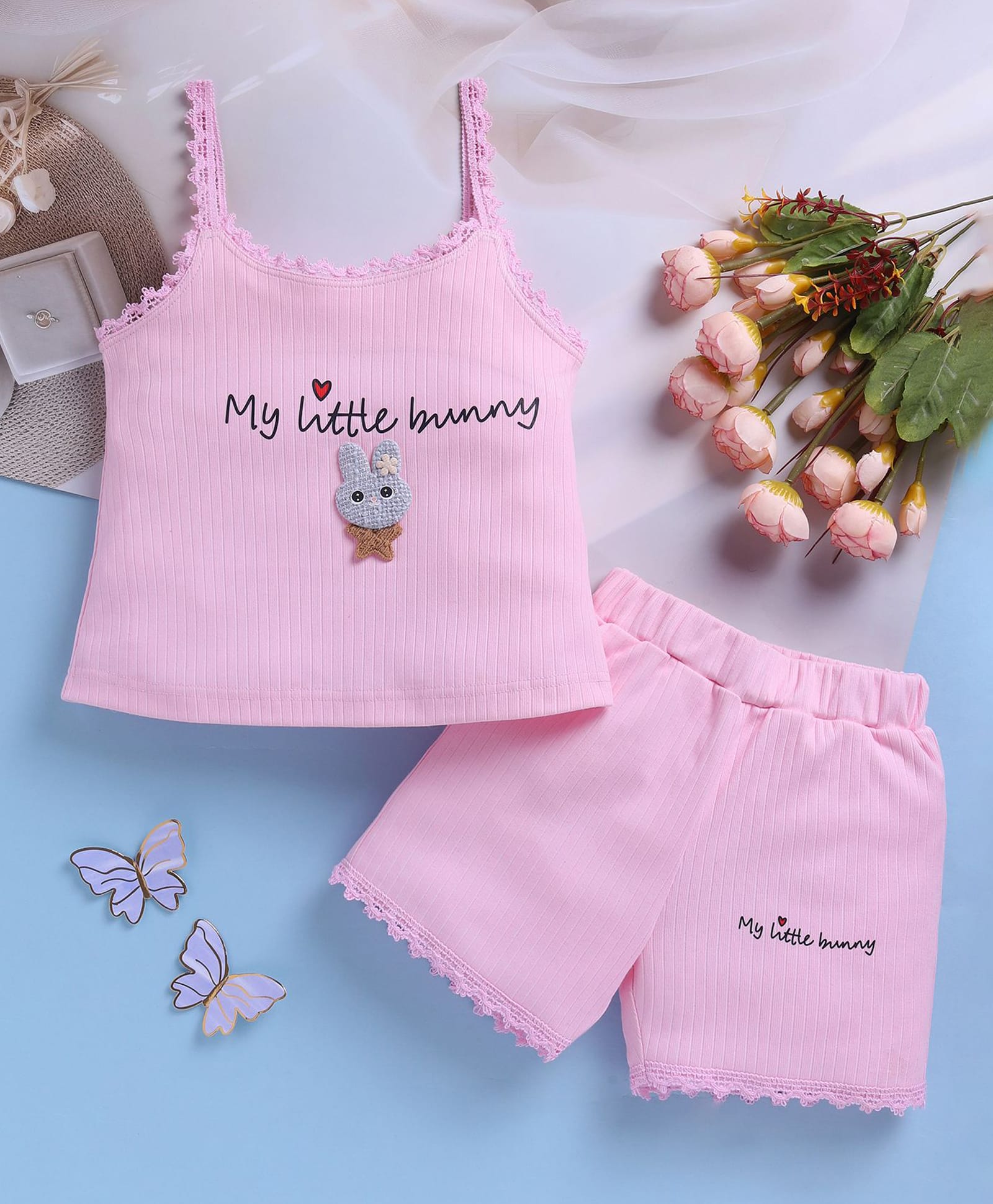 TOONYPORT Cotton Knit Sleeveless My Little Bunny Text Printed Top & Shorts Set - Pink-image-36
