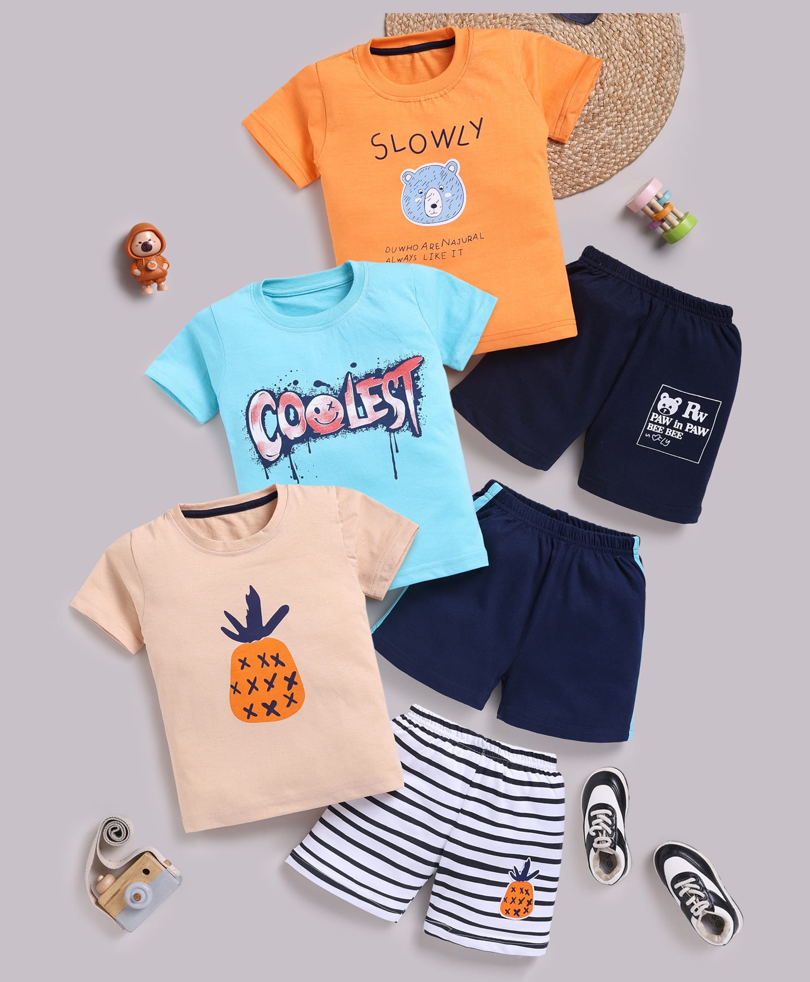 blushh berry Cotton Knit Pack Of 3 Half Sleeves Pineapple Bear & Coolest Text Printed Tee & Shorts Set - Cream Blue & Orange-image-45