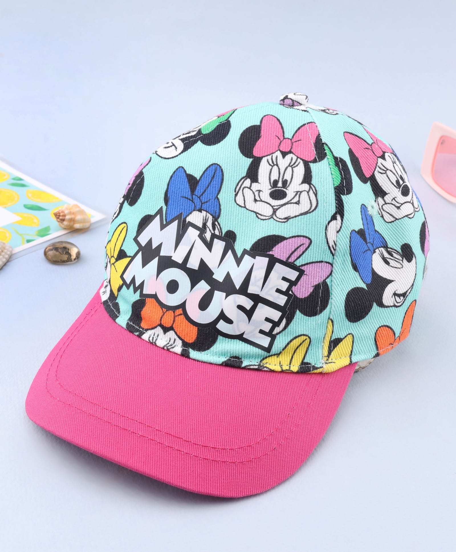 Babyhug Disney Cotton Woven Summer Cap With Minnie Mouse Graphics Sea Green - Diameter 20 cm