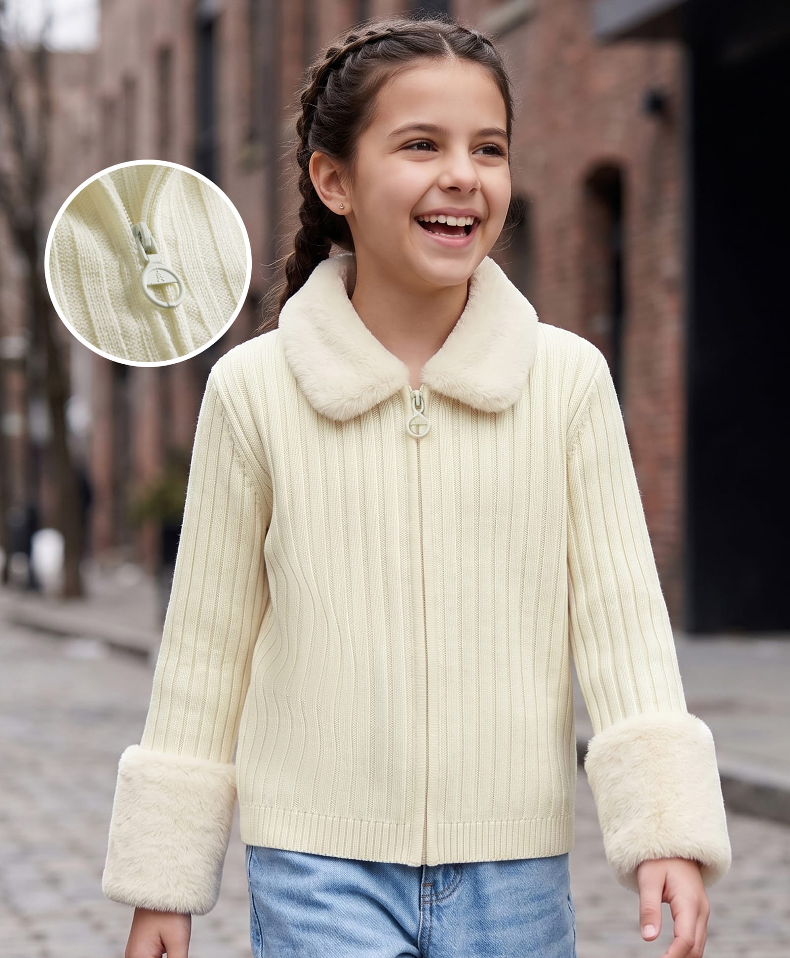 Pine Kids Knit Full Sleeves Solid Colour Front Open Sweater with Collar Neck - Off White-picture-34