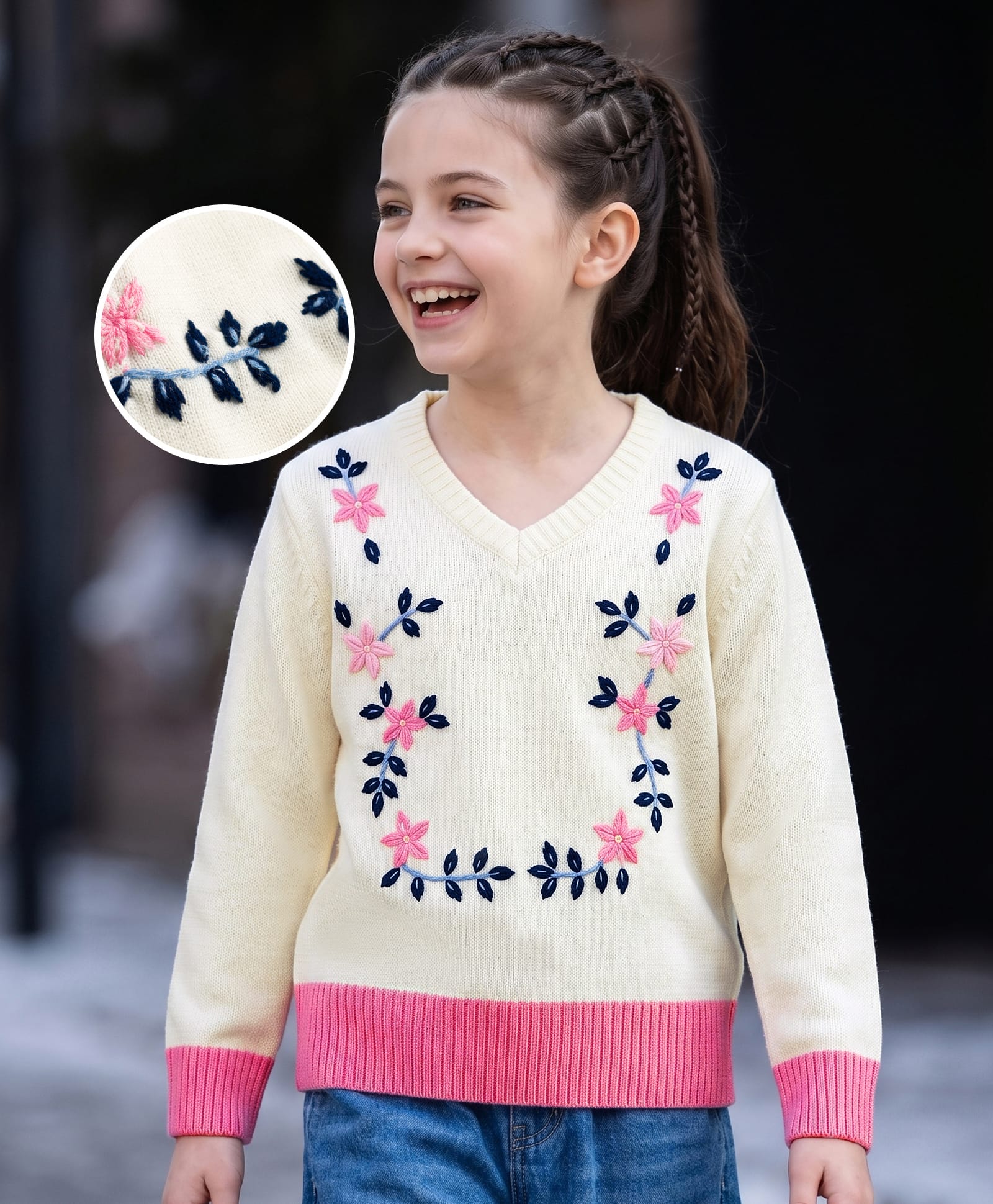 Pine Kids Knit Full Sleeves Floral Embroidered Pullover - Off White-picture-4