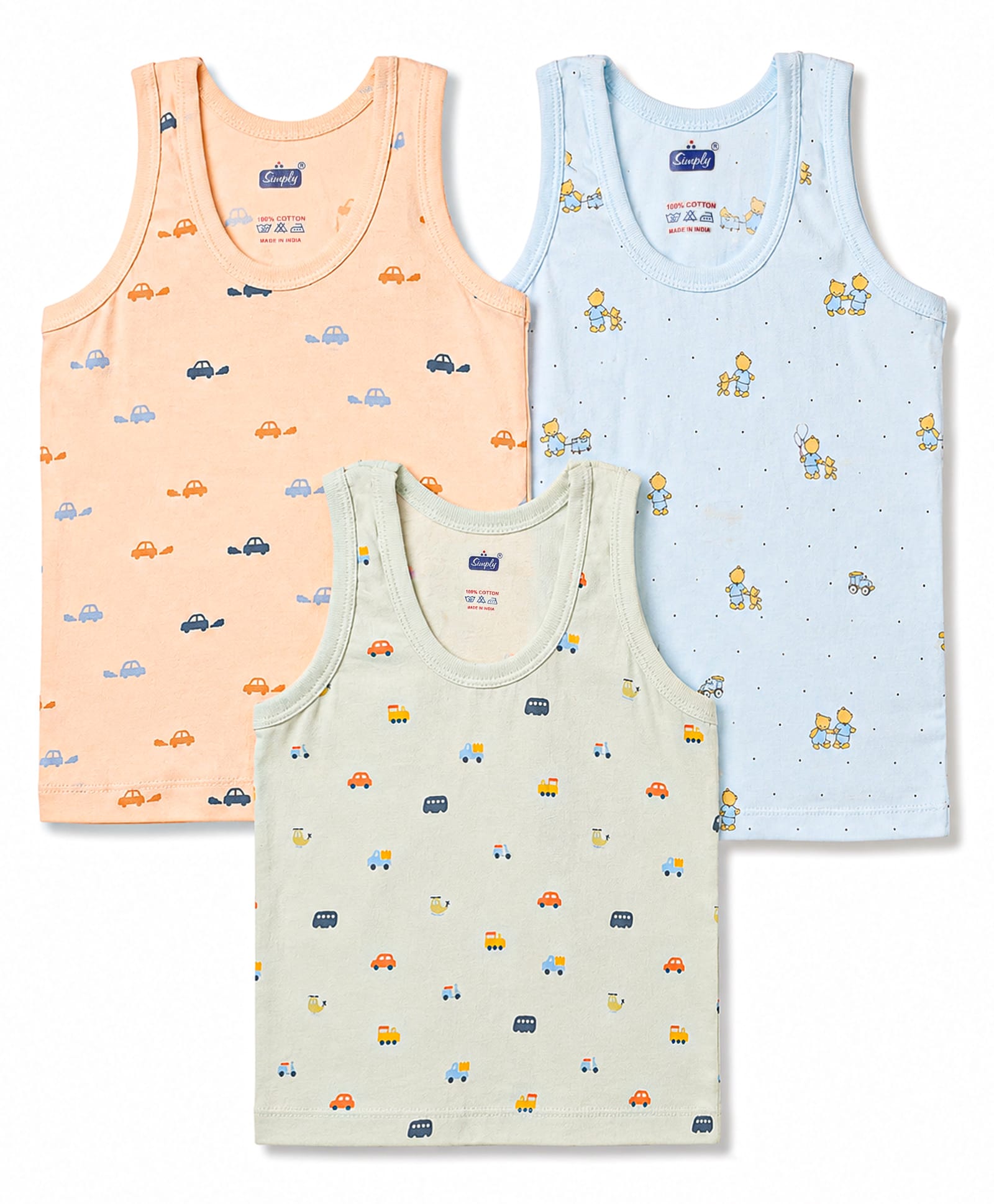 Simply Sinker Knit Sleeveless Vest with Car & Bear Print Pack of 3 - Blue Peach & Grey-image-44