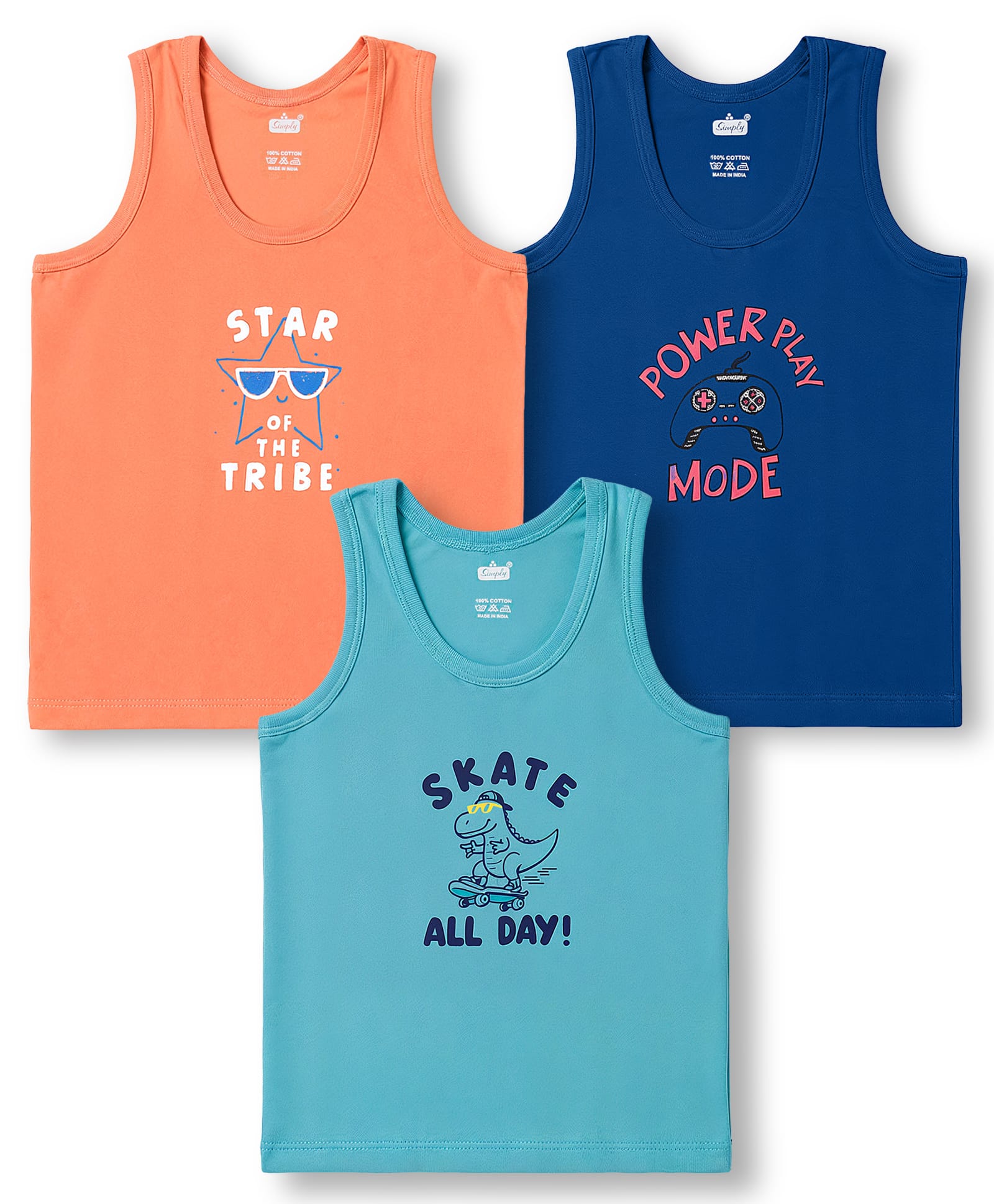 Simply Sinker Knit Sleeveless Vest with Star & Dino Print Pack of 3 - Orange Navy & Turquoise-image-12