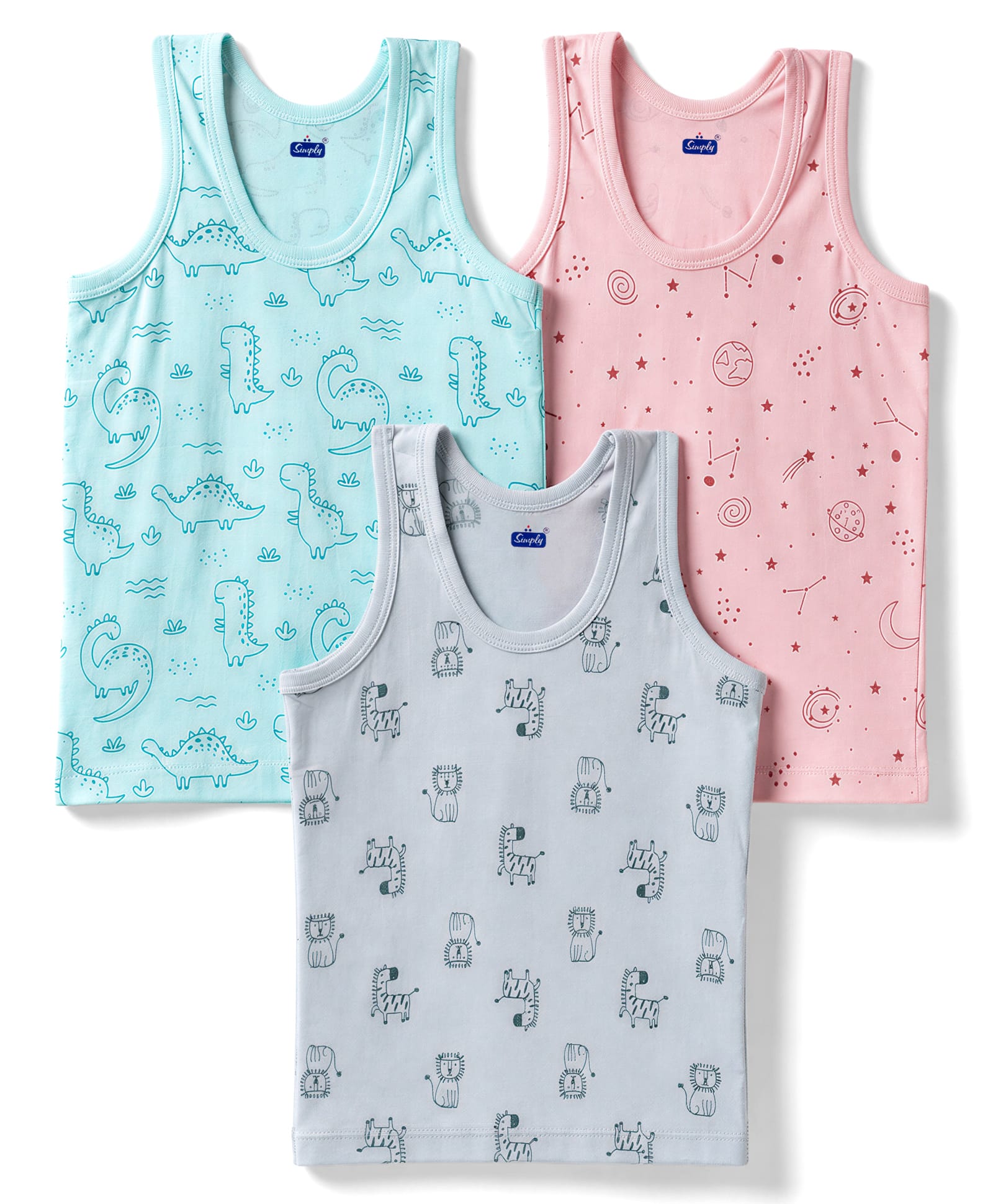 Simply Sinker Knit Sleeveless Dino Printed Sandos Pack of 3 - Light Grey Blue & Pink-image-42