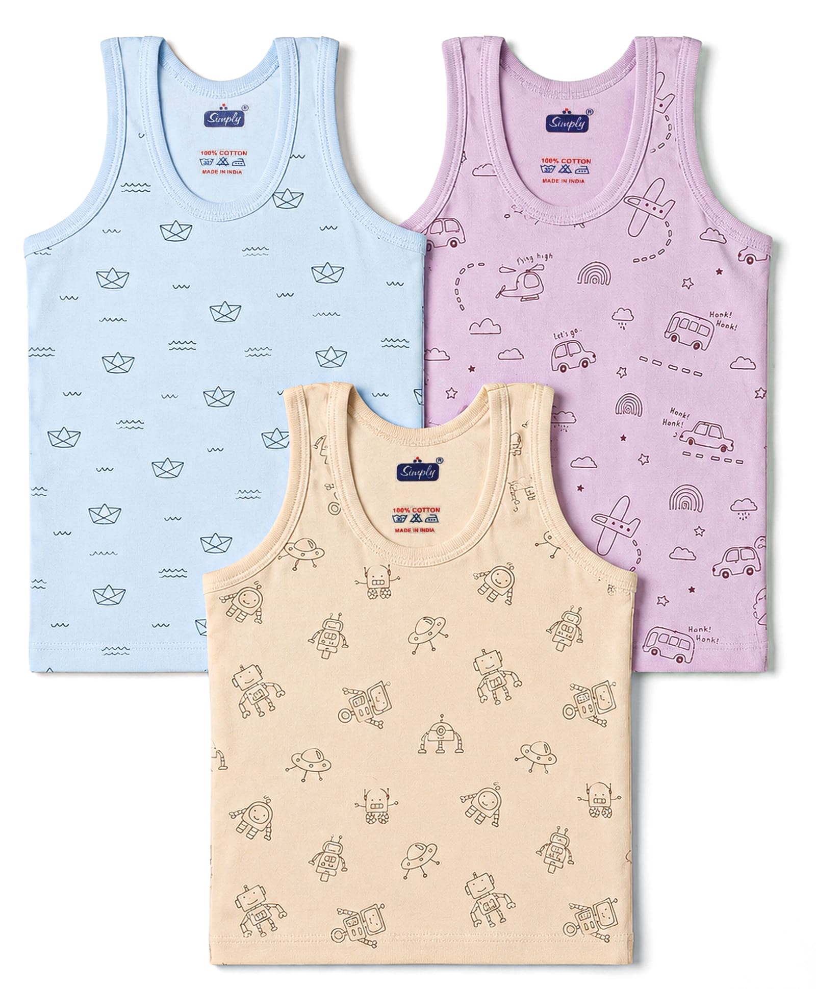 Simply Sinker Knit Sleeveless Vest with Boat & Space Print Pack of 3 - Beige Lilac & Aqua-image-0