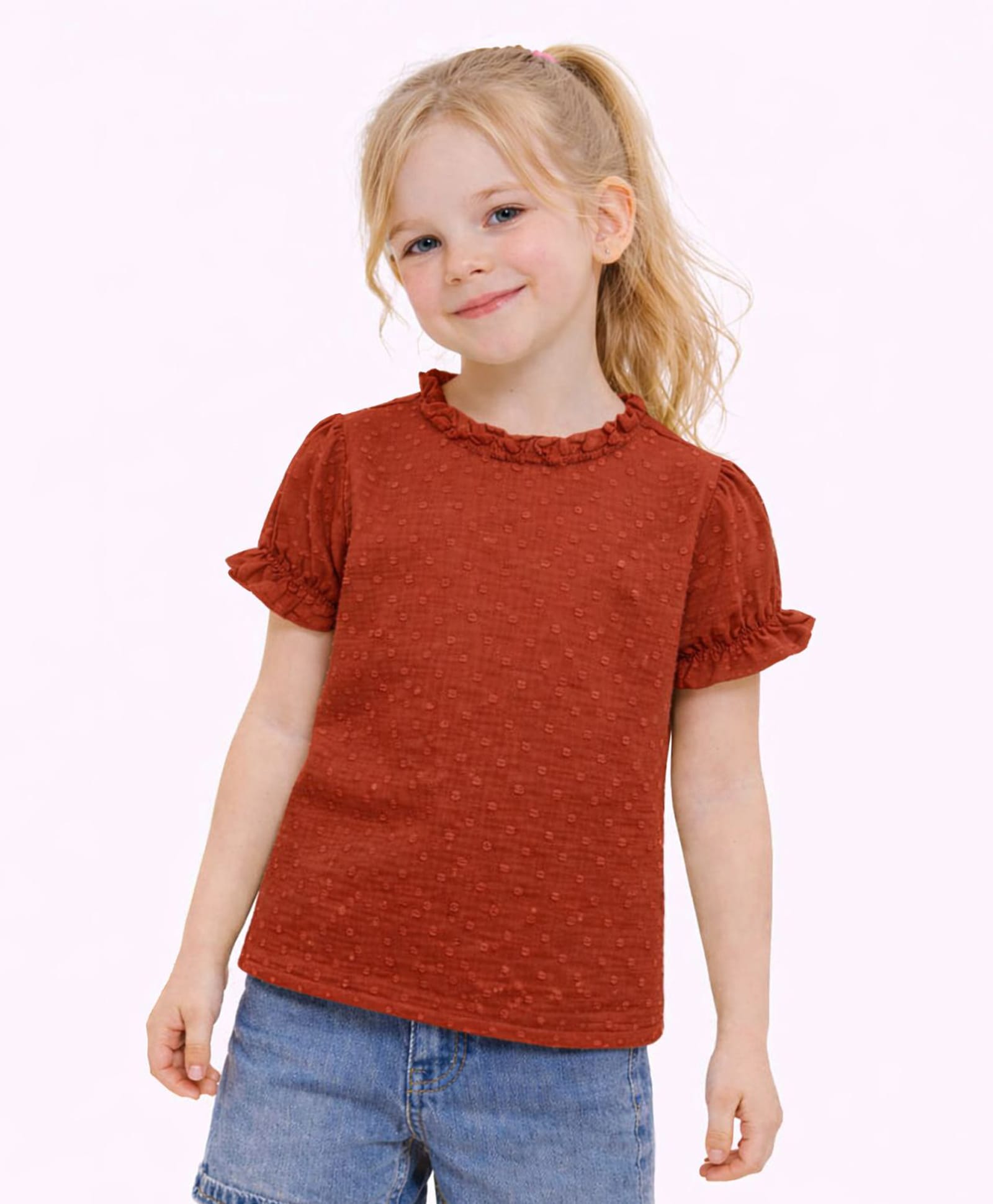 Sportking Cotton Blend Woven Half Puffed Sleeves Textured Top - Red-picture-13