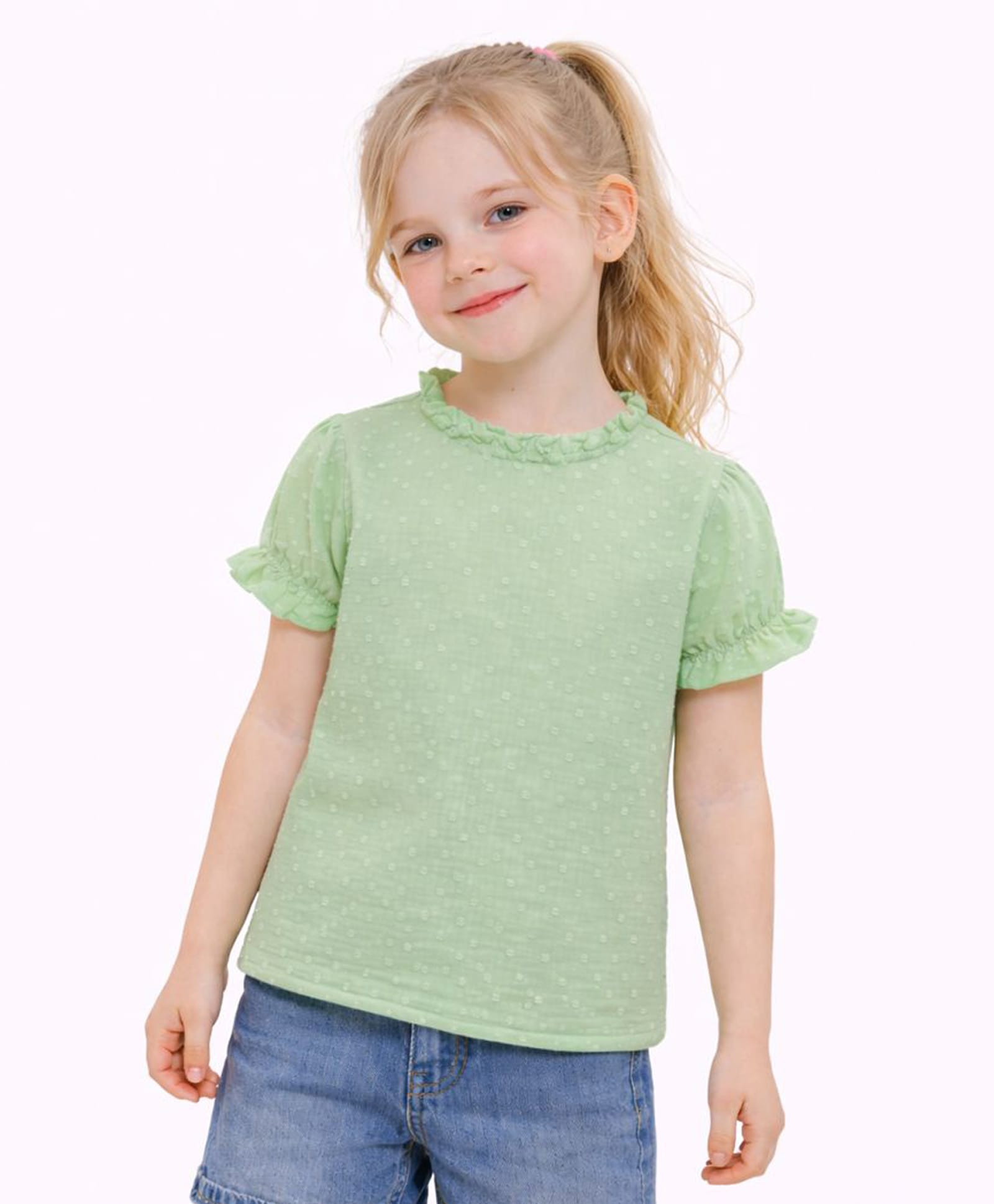 Sportking Cotton Blend Woven Half Puffed Sleeves Swiss Detailed Top - Green-picture-24