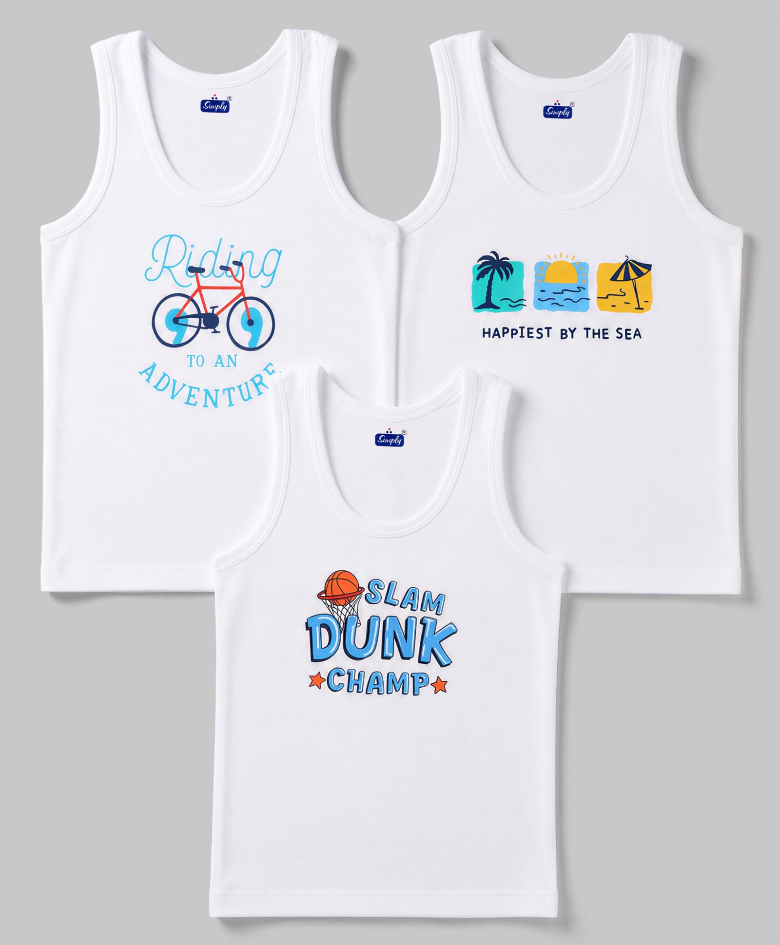 Simply Sinker Knit Sleeveless Vest with Beach & Text Print Pack of 3 - White-picture-17