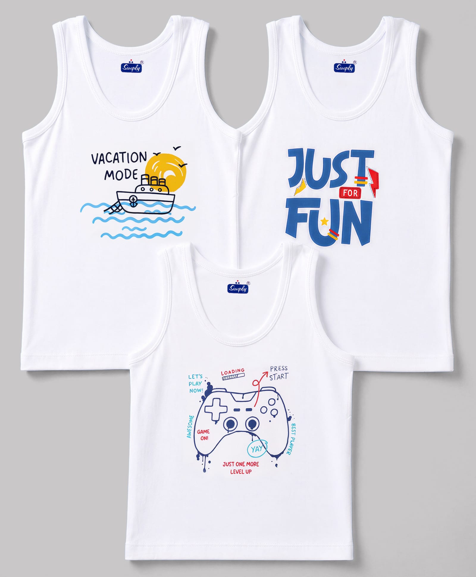 Simply Sinker Knit Sleeveless Vest with Boat & Text Print Pack of 3 - White-picture-15