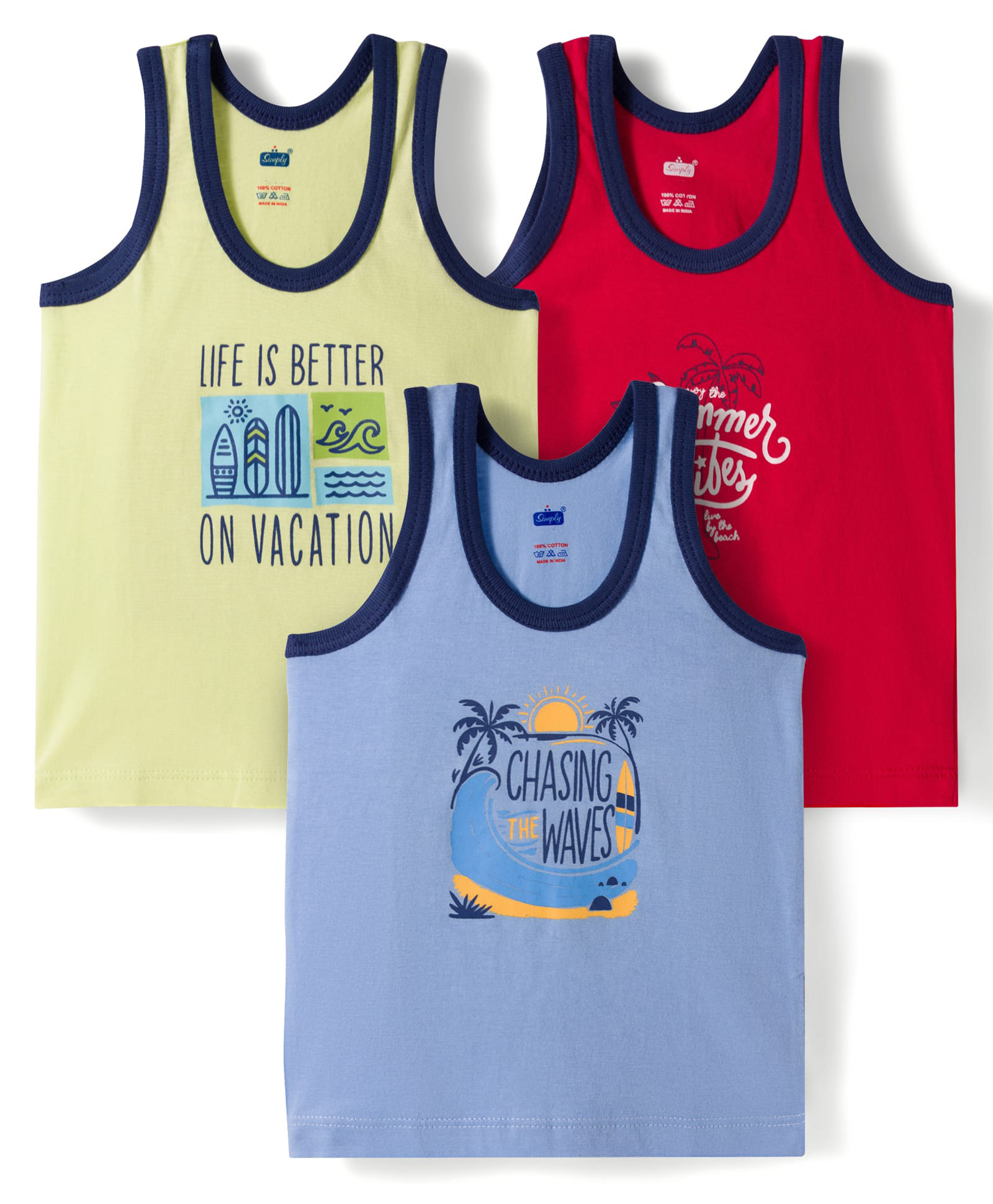 Simply Sinker Knit Sleeveless Vest with Beach Theme Print Pack of 3 - Red Lime & Blue-image-19