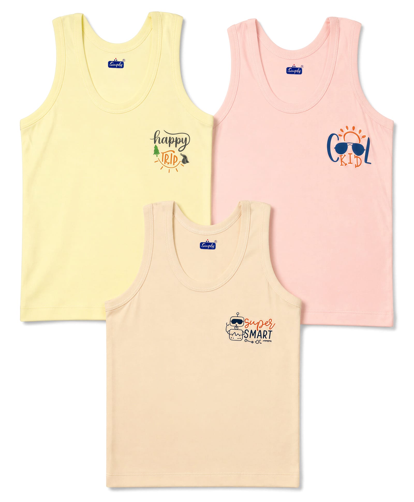 Simply Sinker Knit Sleeveless Vest with Robot & Text Print Pack of 3- Pink Lemon Cream-image-14
