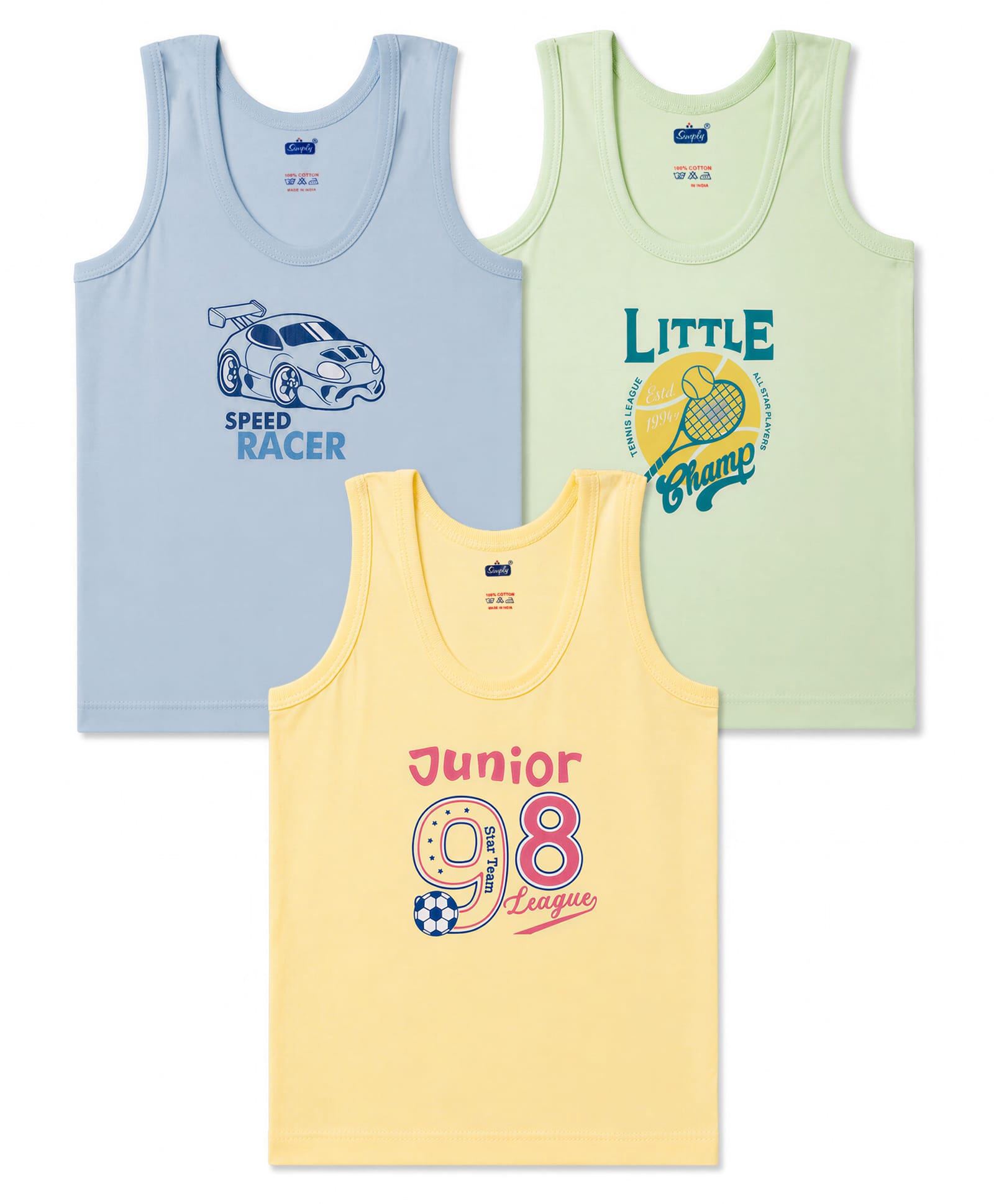 Simply Sinker Knit Sleeveless Vest with Sports Theme Print Pack of 3 - Light Blue Green & Yellow-picture-15