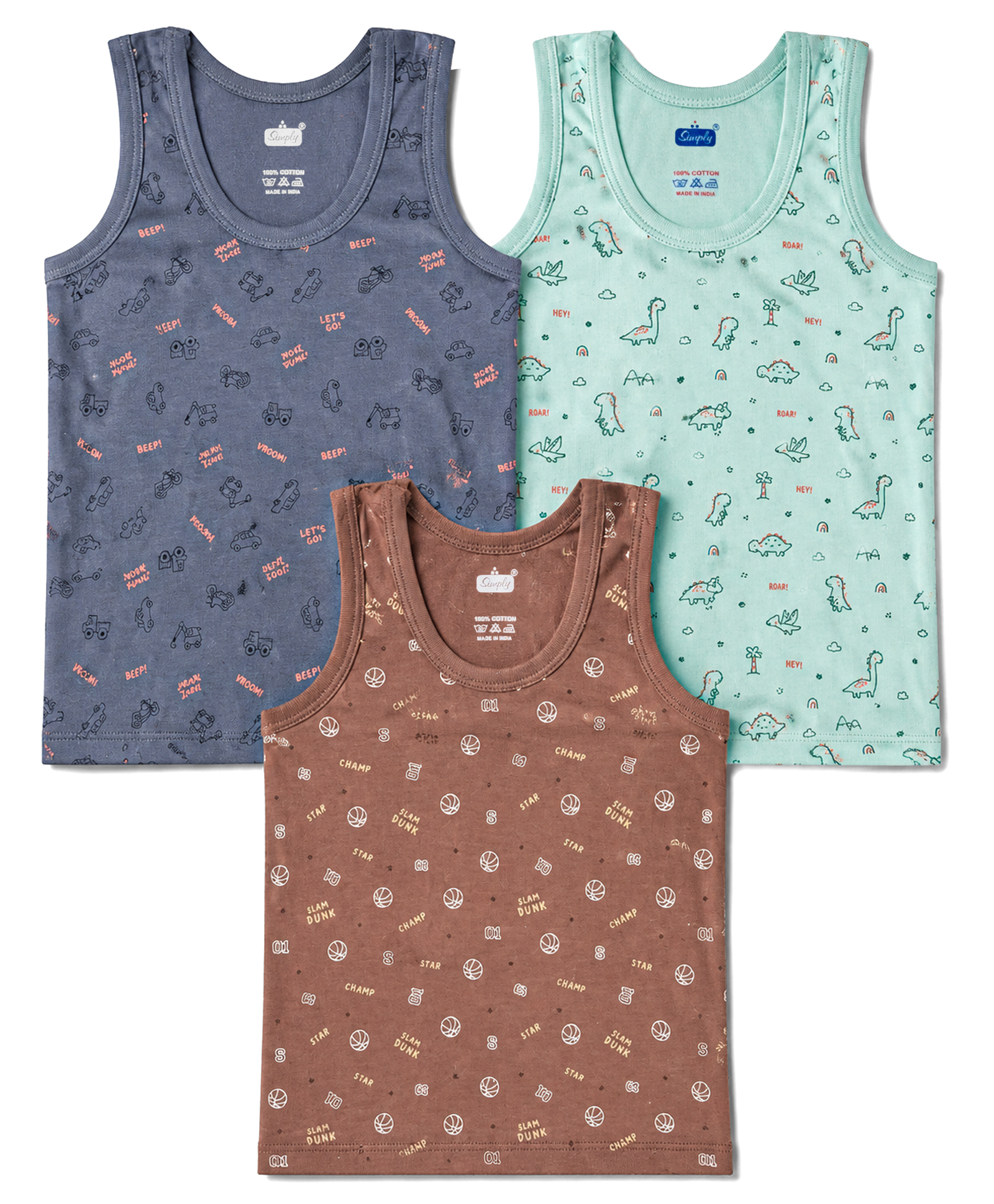 Simply Sinker Knit Sleeveless Vest with Dino & Car Print - Brown Teal & Grey-image-42