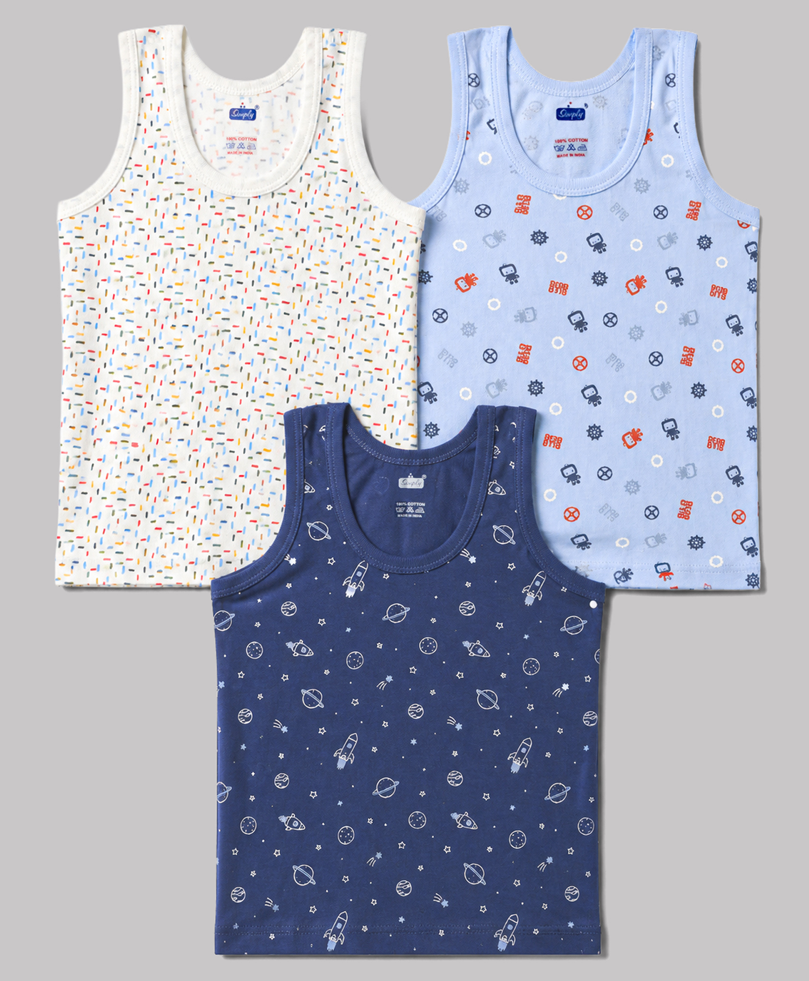 Simply Sinker Knit Sleeveless Vest with Space Theme Print Pack of 3 - Cream Navy & Sky-image-38