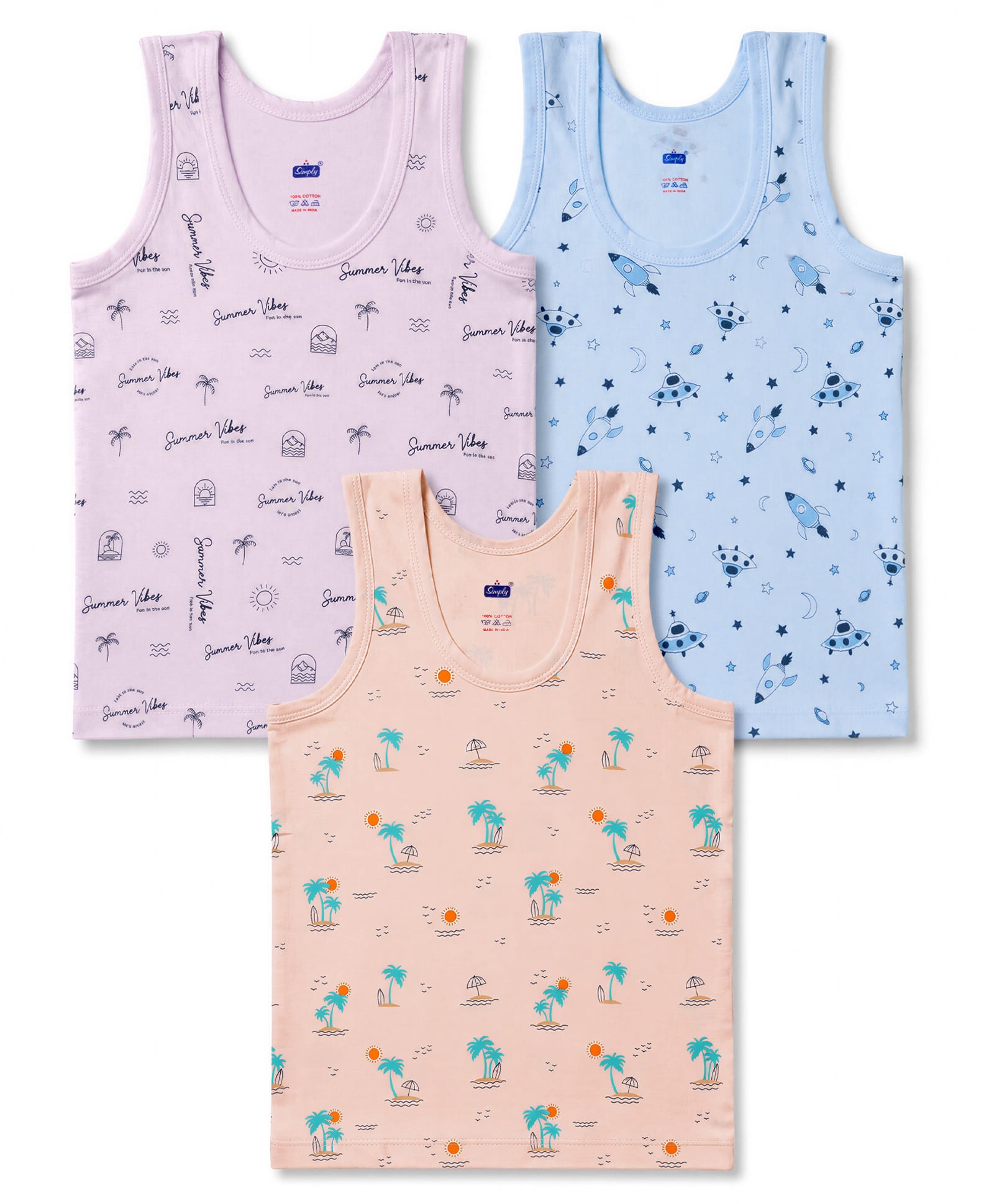 Simply Sinker Knit Sleeveless Space & Beach Theme Printed Sandos Pack of 3 - Peach Blue & Lilac-image-36