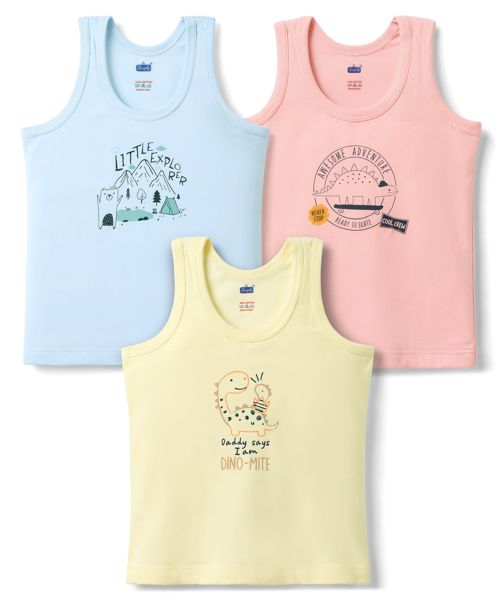 Simply Sinker Knit Sleeveless Vest with Bear & Dino Print Pack of 3- Pink Lemon & Blue-image-10