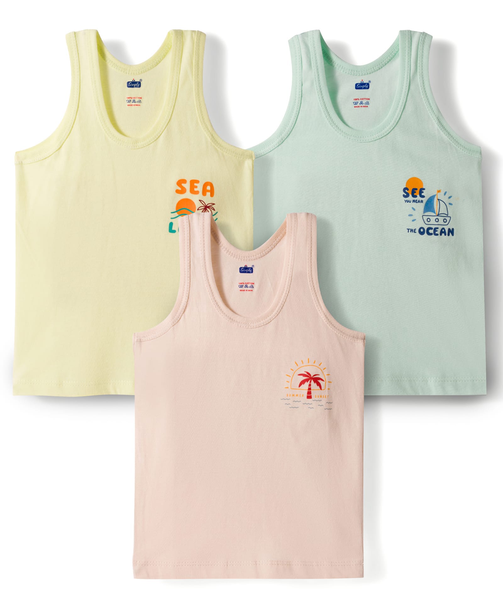 Simply Sinker Knit Sleeveless Vest with Beach & Boat Print Pack of 3- Mint Lemon Cream-image-15