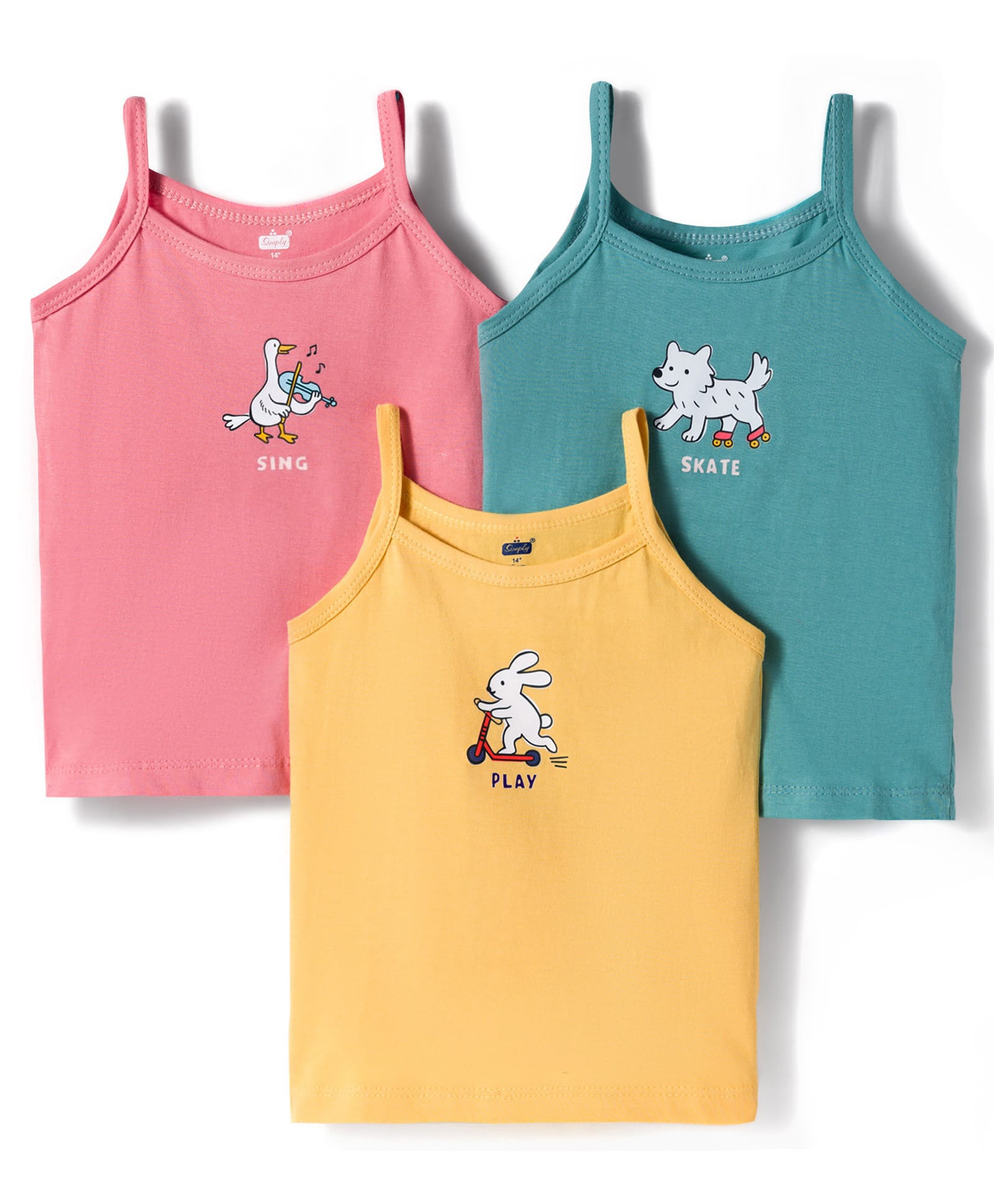 Simply Sinker Knit Sleeveless Slips with Bird & Bunny Print Pack of 3- Peach Yellow & Turquoise-picture-12
